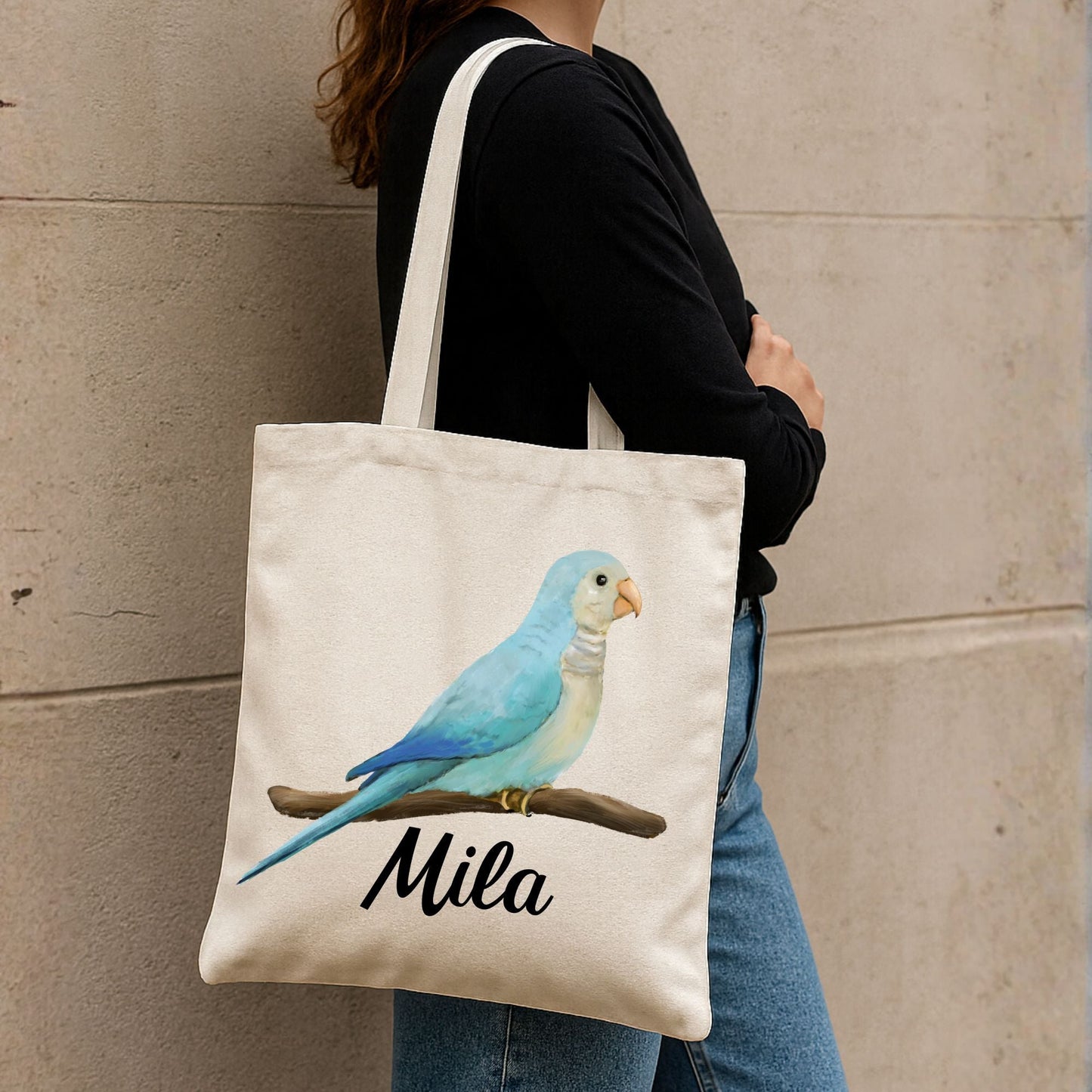 Canvas Tote Bag with Blue Parrot Artwork - MerikaArt