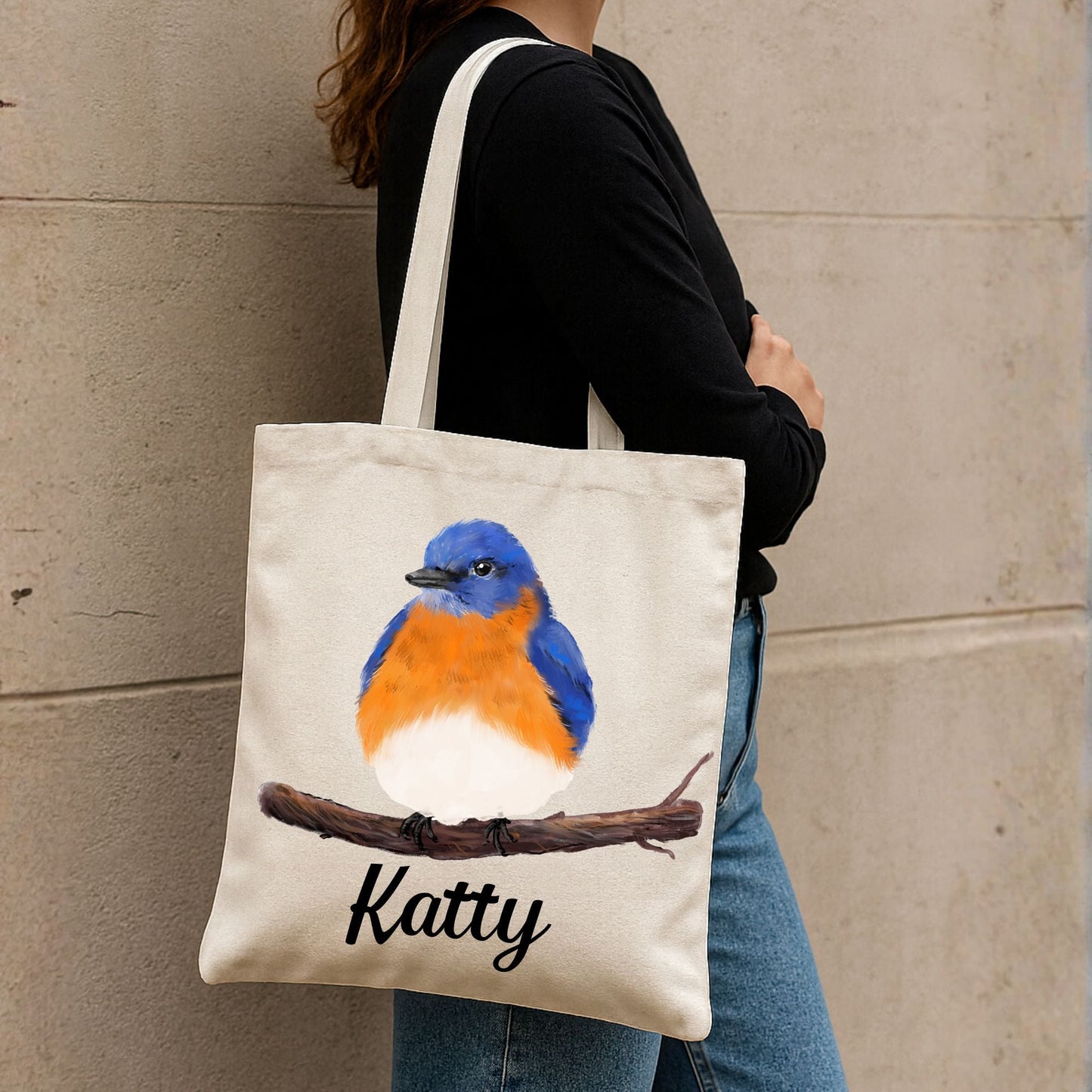 Canvas Tote Bag with Eastern Bluebird Artwork - MerikaArt