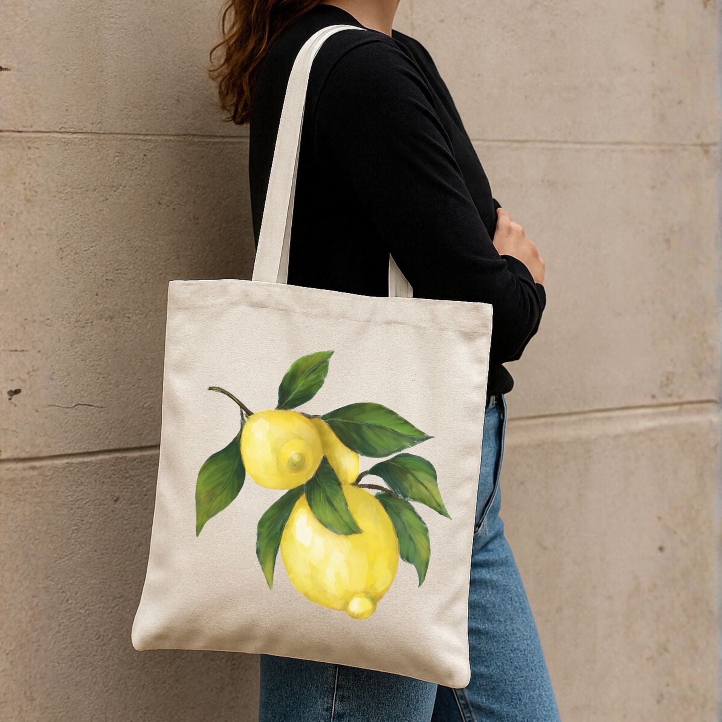Canvas Tote Bag with Lemon Branch Artwork - MerikaArt