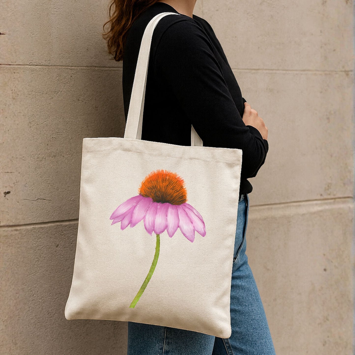 Canvas Tote Bag with Purple Coneflower Artwork - MerikaArt