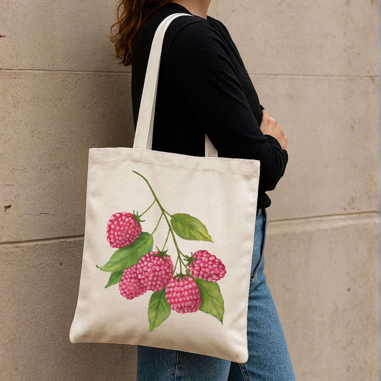 Canvas Tote Bag with Raspberry Artwork - MerikaArt
