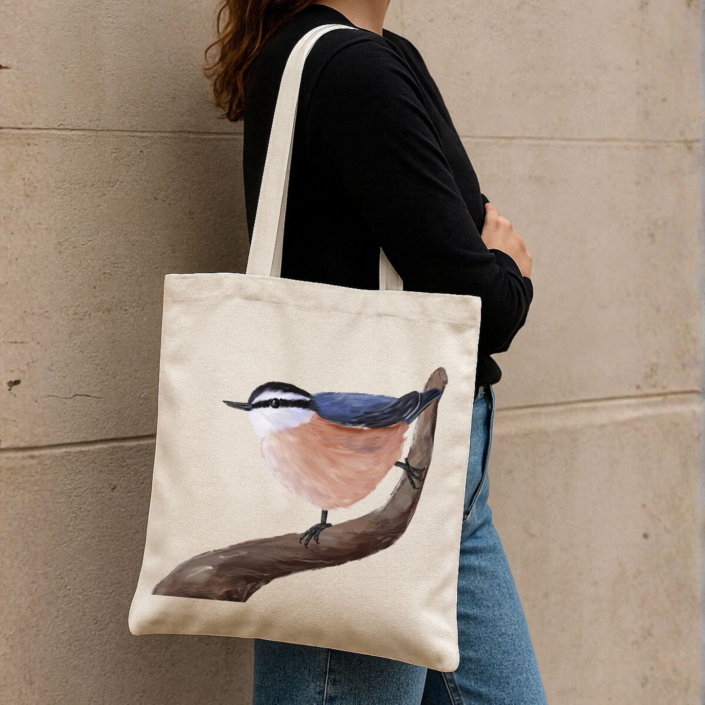 Canvas Tote Bag with Red - Breasted Nuthatch Artwork - MerikaArt