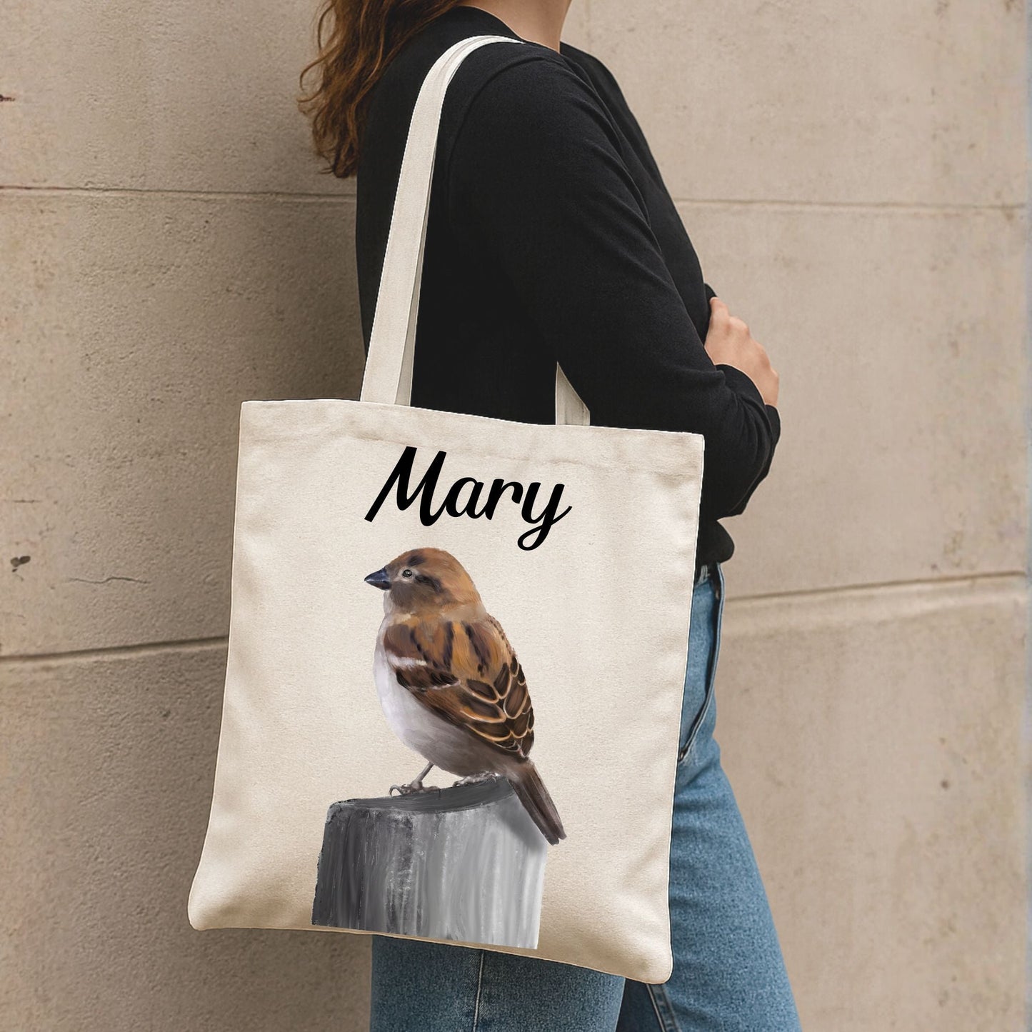 Canvas Tote Bag with Sparrow Illustration - MerikaArt
