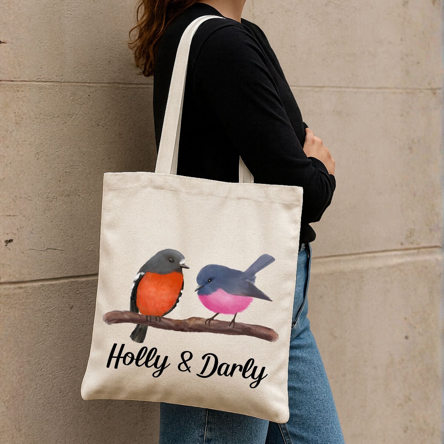 Canvas Tote Bag with Two Colorful Songbirds - MerikaArt