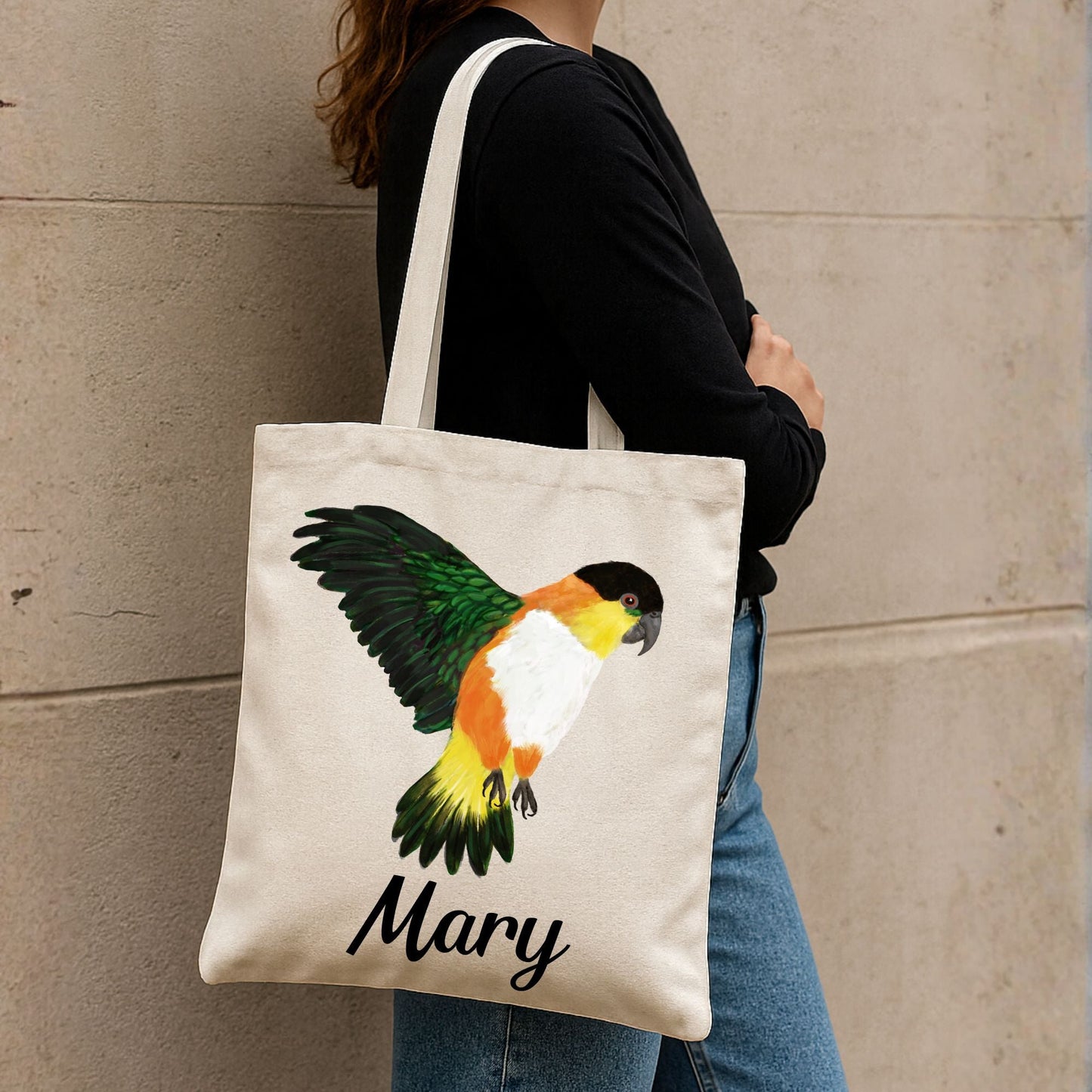 Canvas Tote Bag with White - Bellied Caique Parrot Artwork - MerikaArt