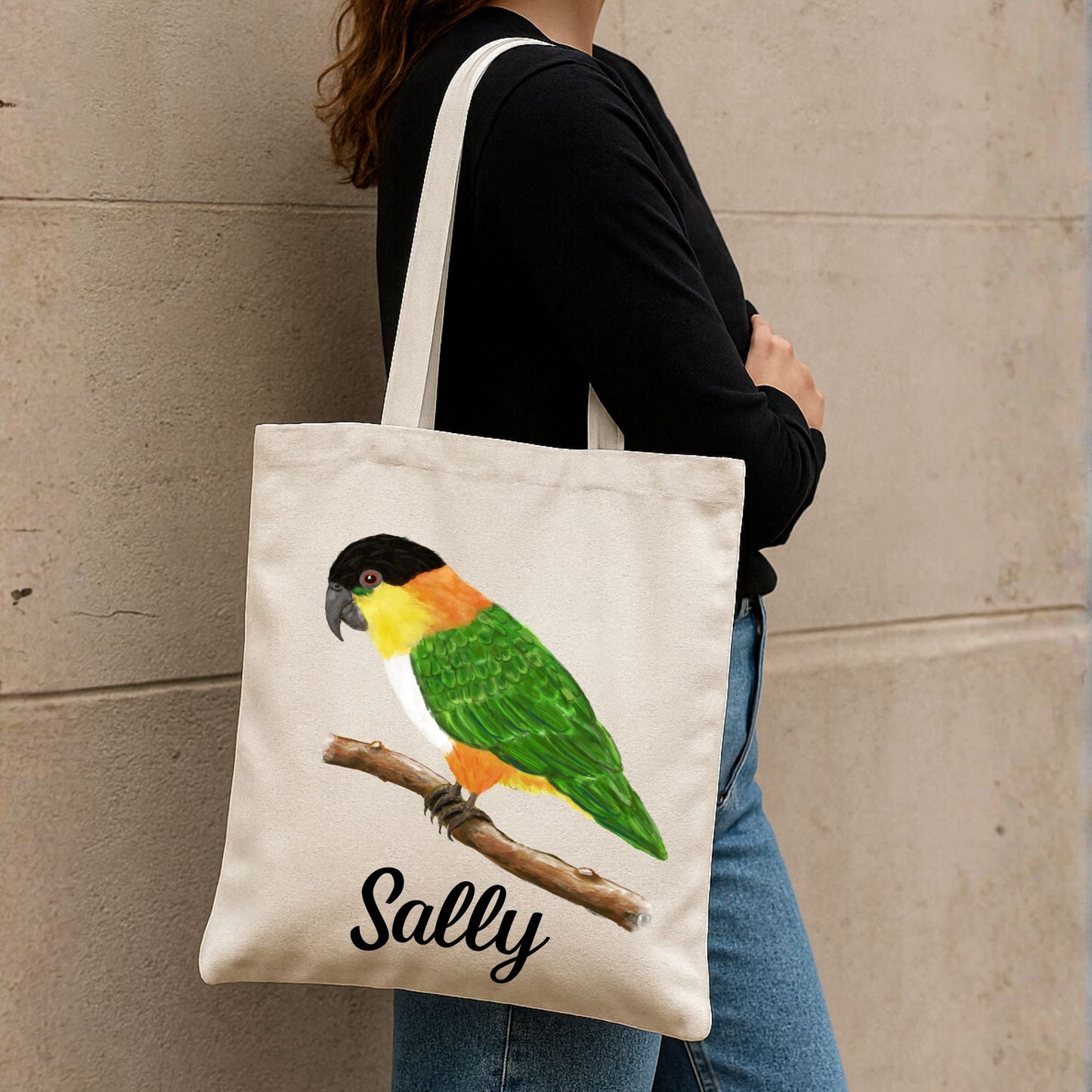 Canvas Tote Bag with White - Bellied Caique Parrot Artwork - MerikaArt