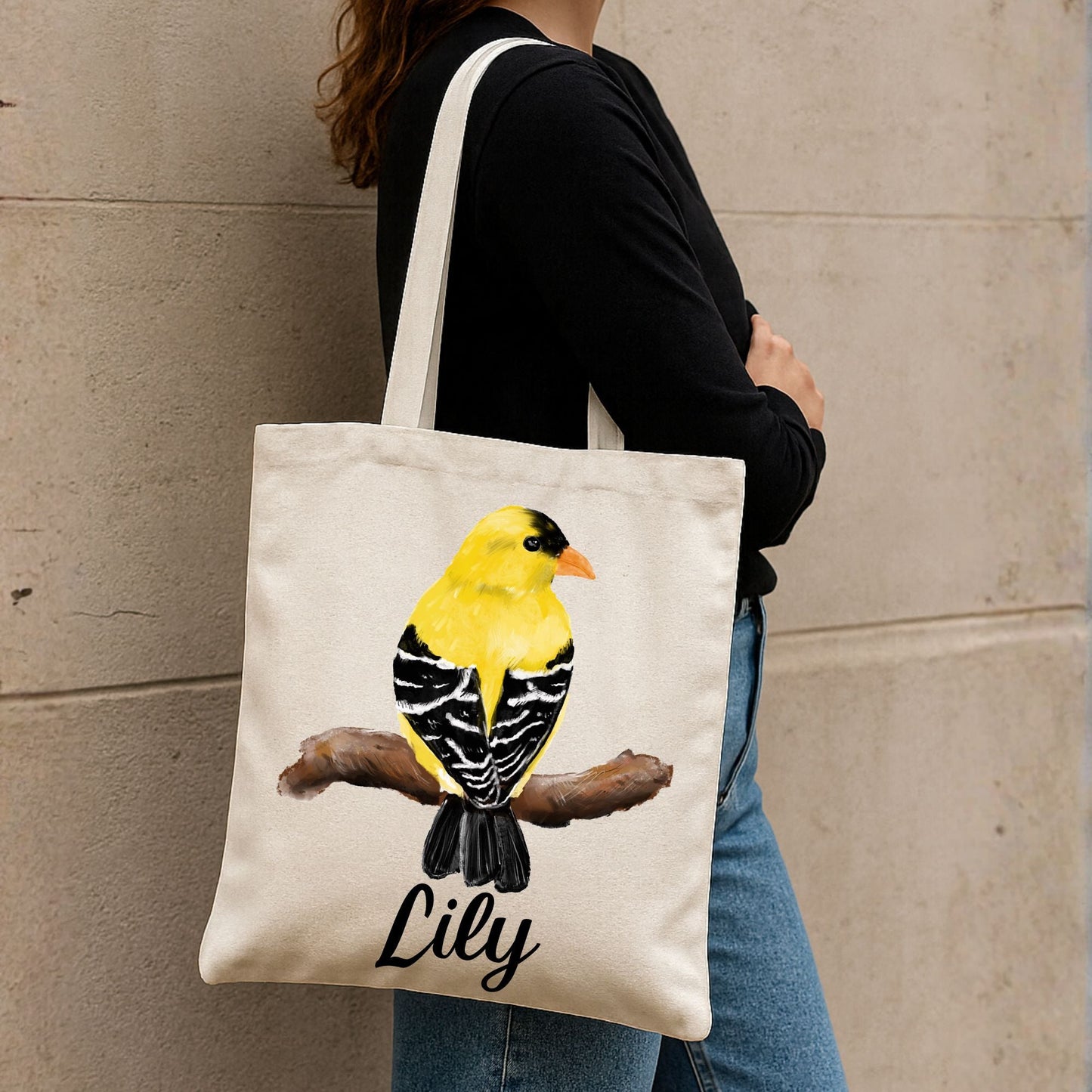Canvas Tote Bag with Yellow Finch Artwork - MerikaArt