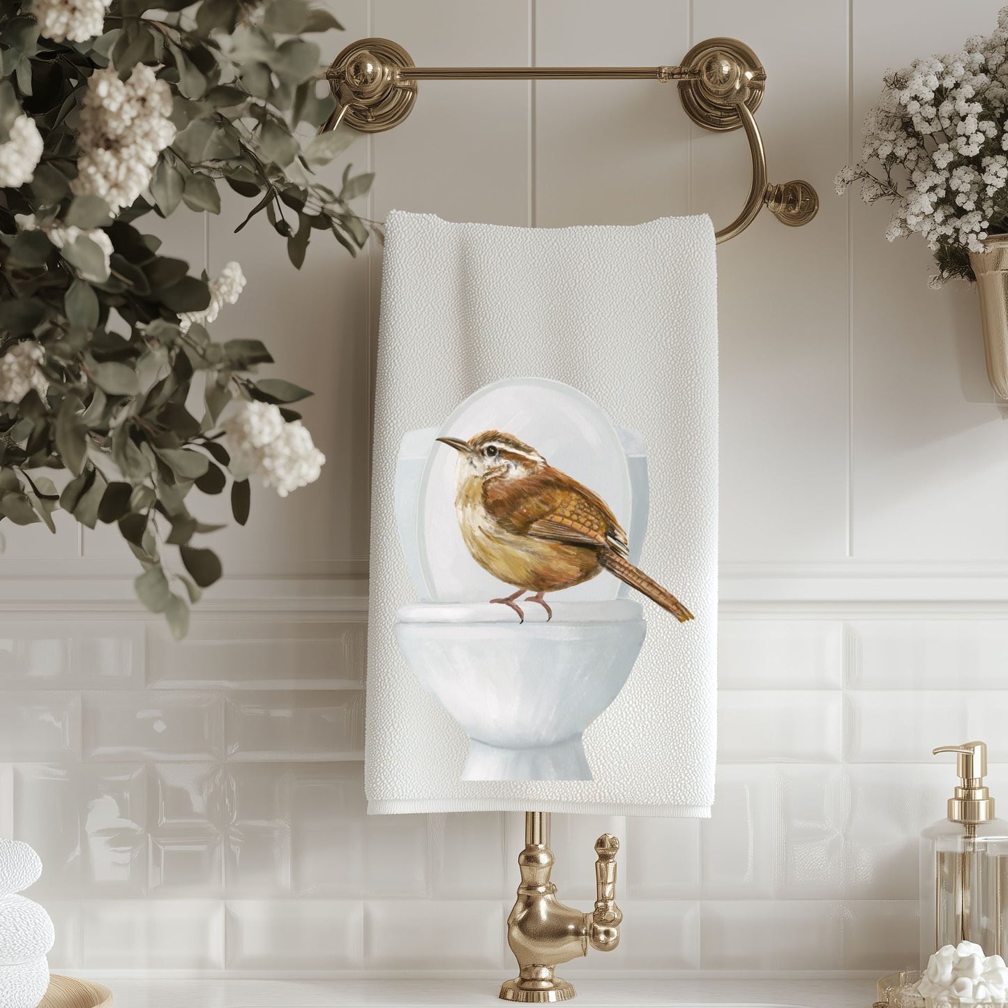 Carolina Wren on Toilet Bathroom Towel - MerikaArt