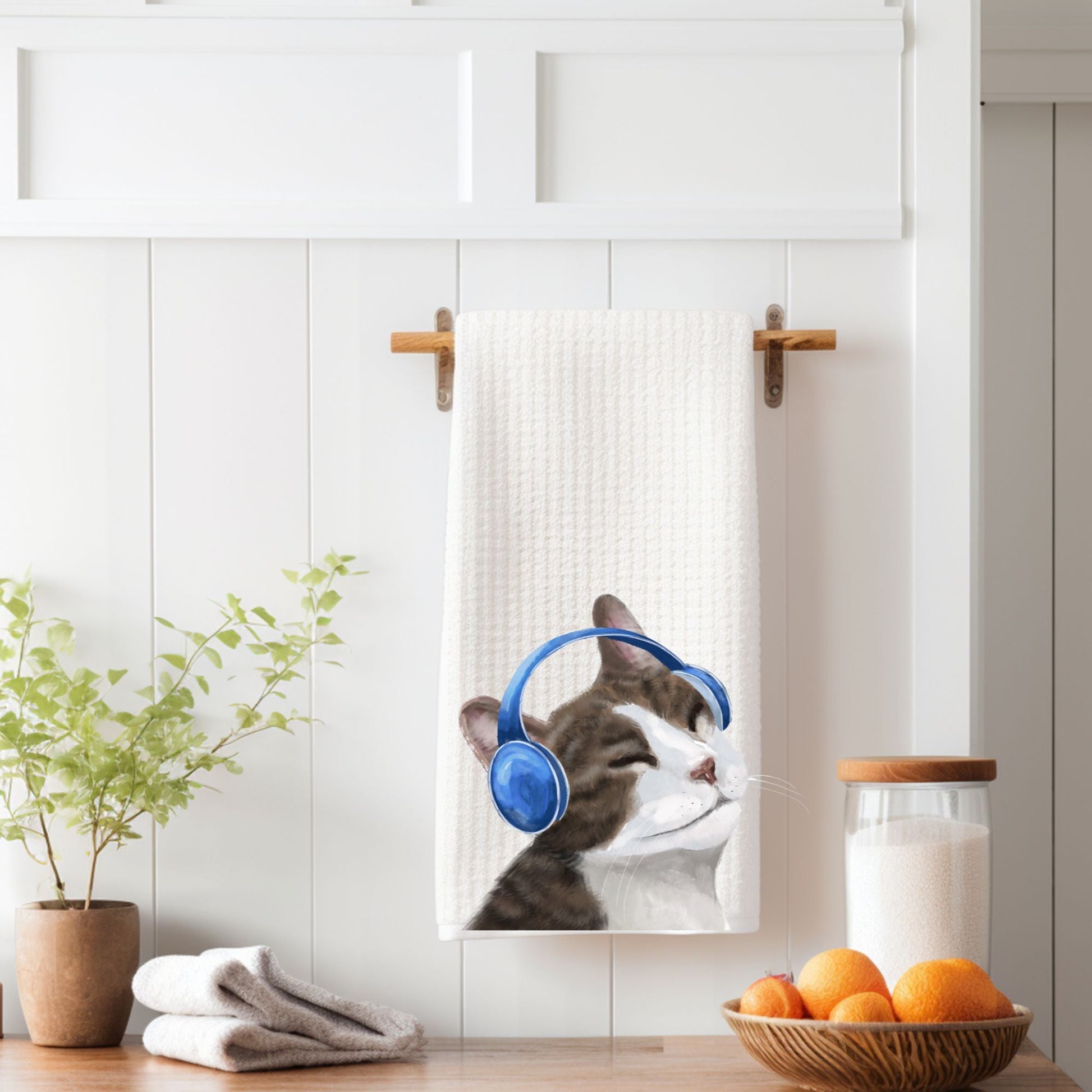 Cat Listening to Music Kitchen Towel - MerikaArt