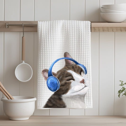 Cat Listening to Music Kitchen Towel - MerikaArt