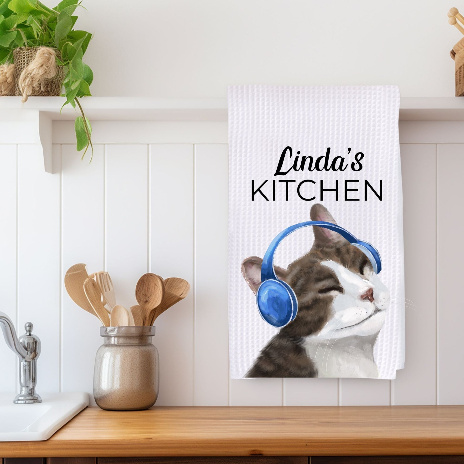 Cat Listening to Music Kitchen Towel - MerikaArt