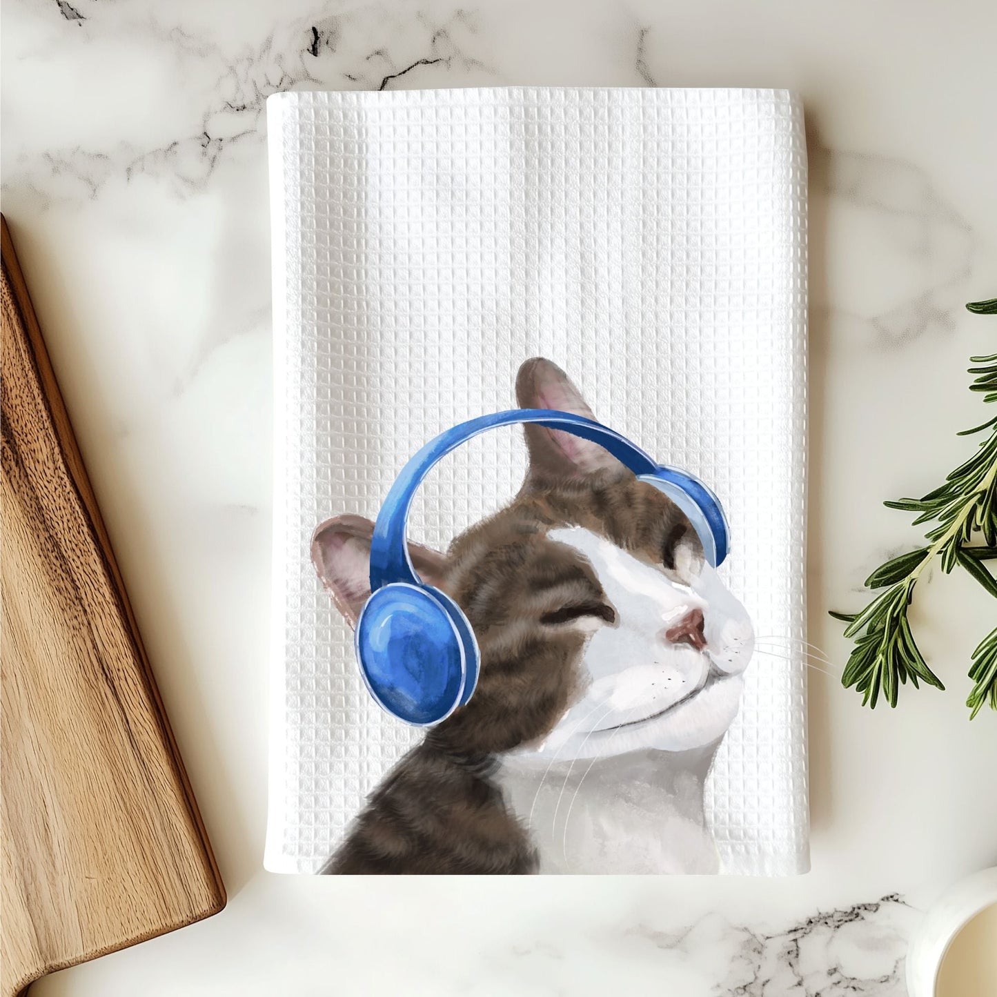 Cat Listening to Music Kitchen Towel - MerikaArt