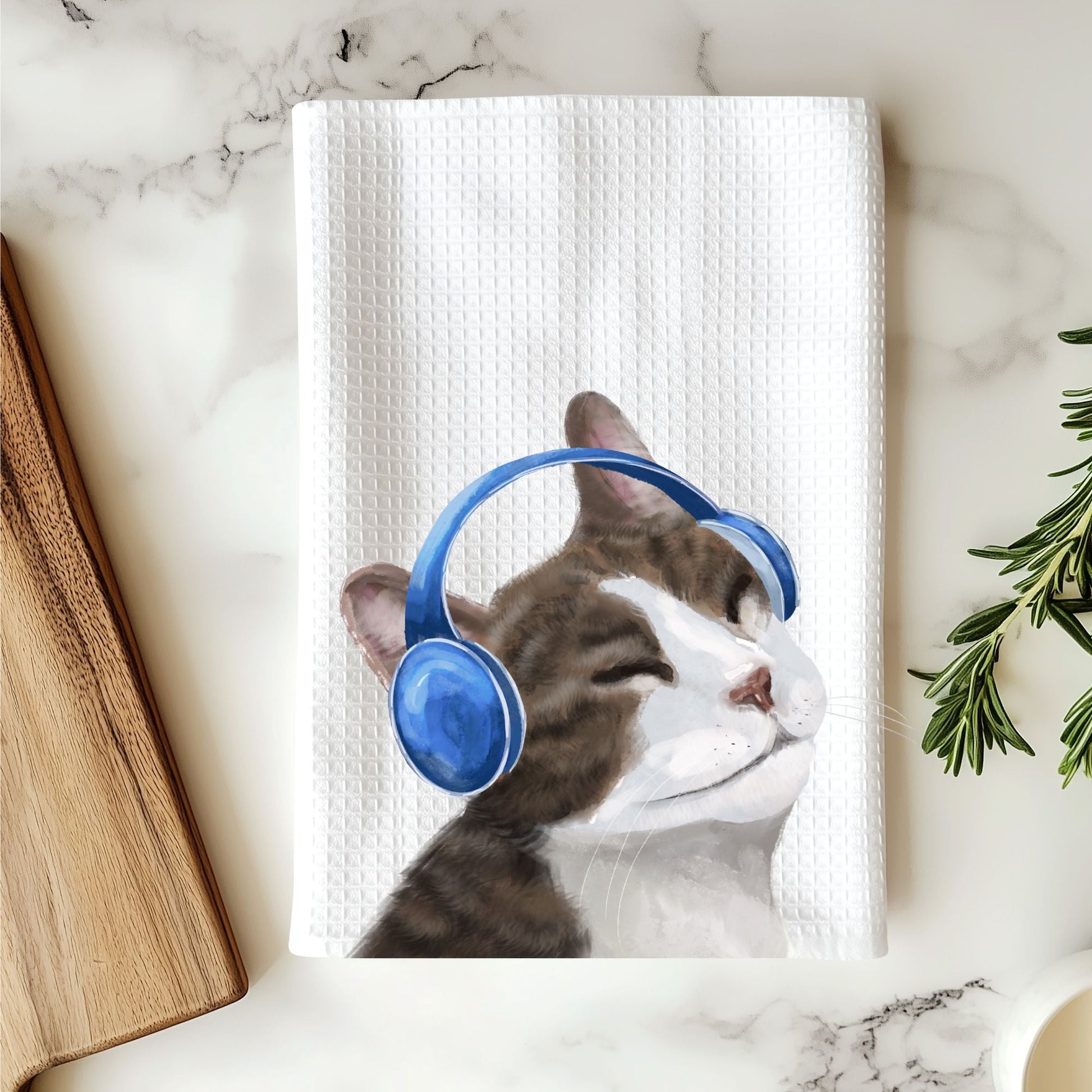 Cat Listening to Music Kitchen Towel - MerikaArt