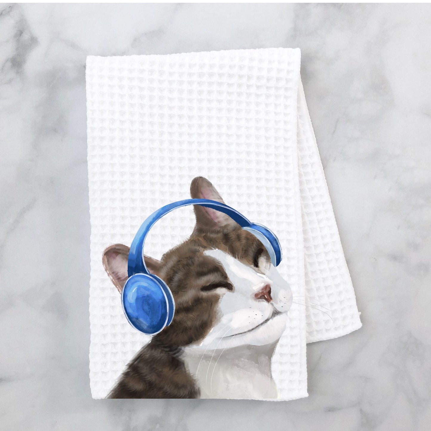 Cat Listening to Music Kitchen Towel - MerikaArt