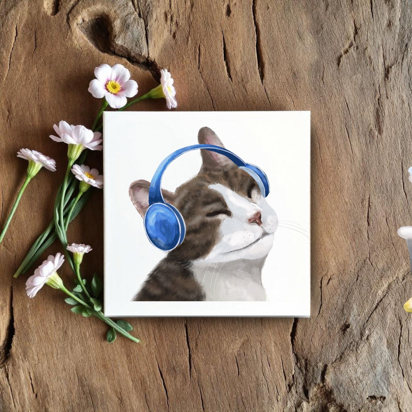 Cat with Headphones Ceramic Tile - MerikaArt