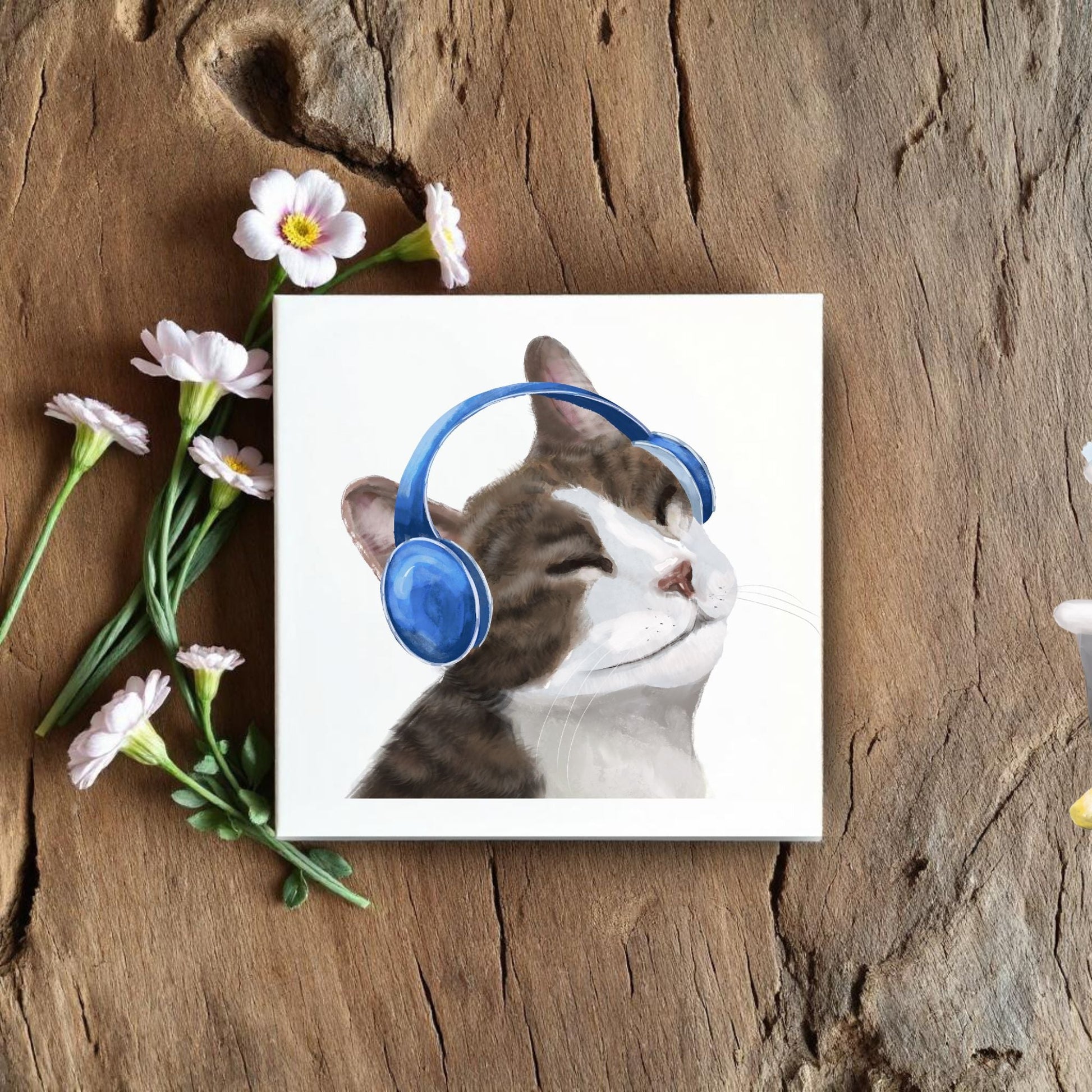 Cat with Headphones Ceramic Tile - MerikaArt