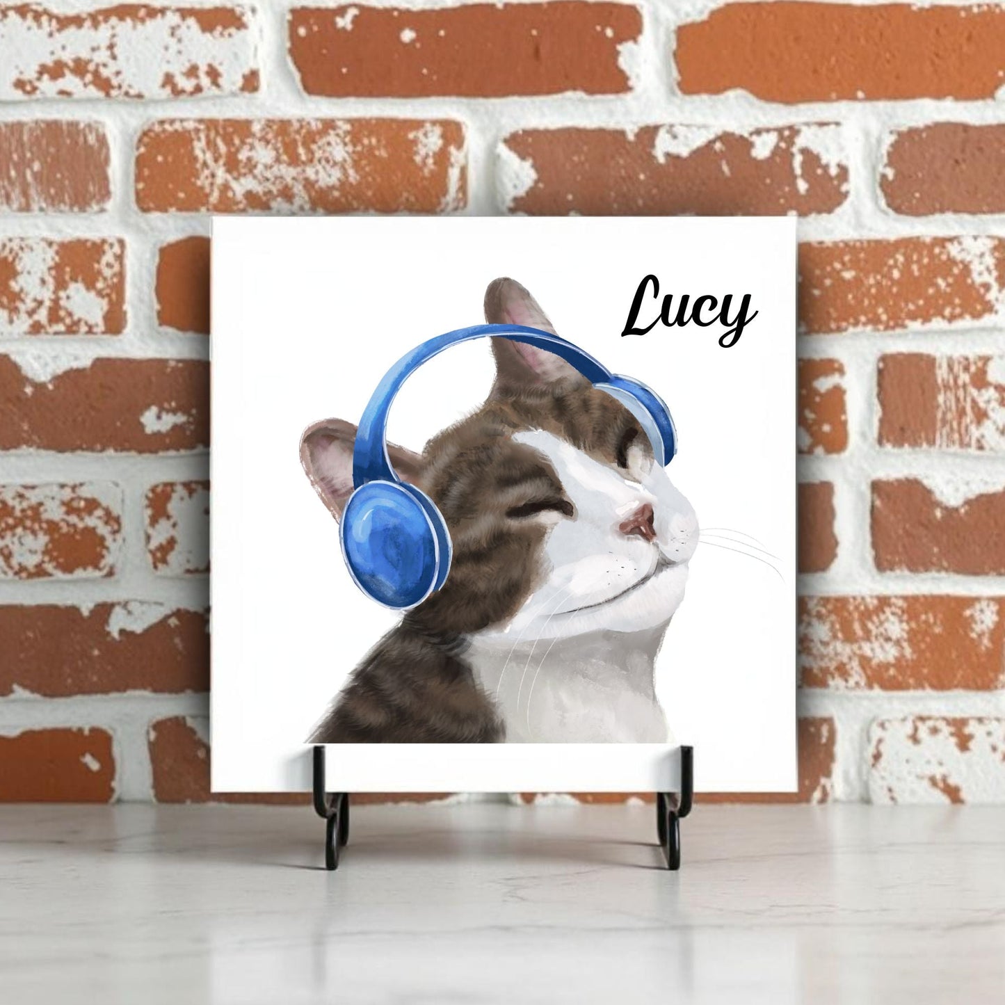 Cat with Headphones Ceramic Tile - MerikaArt