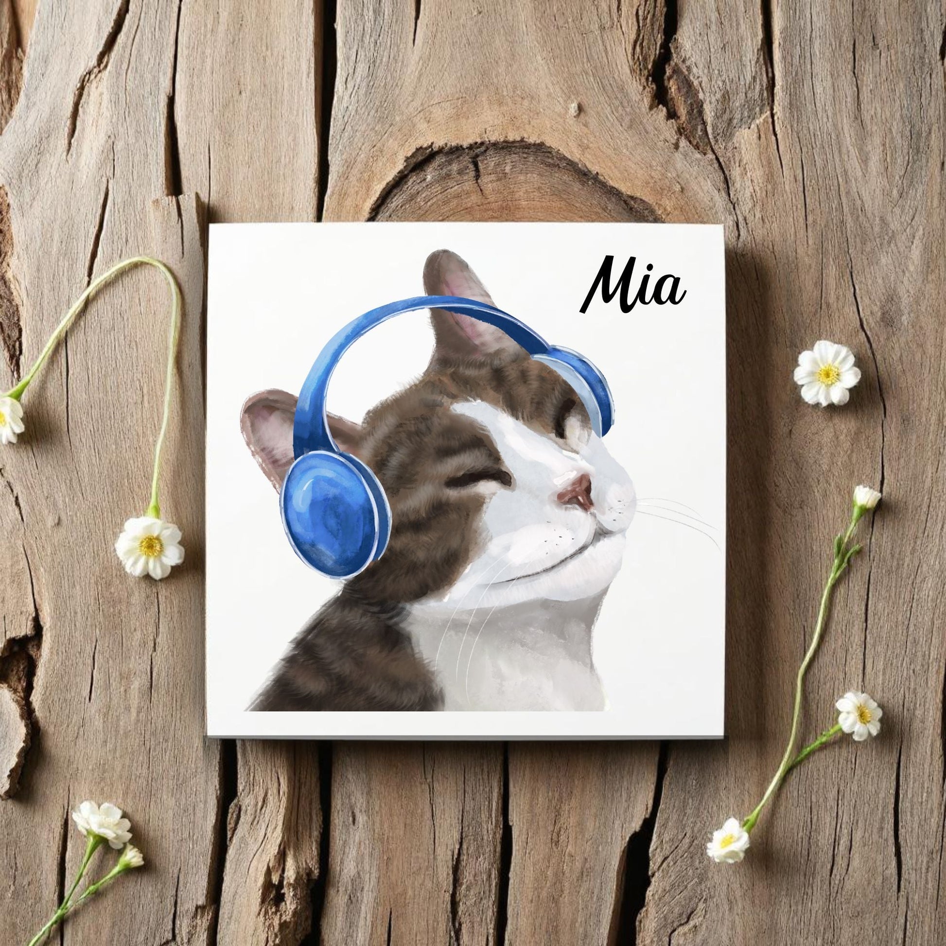 Cat with Headphones Ceramic Tile - MerikaArt