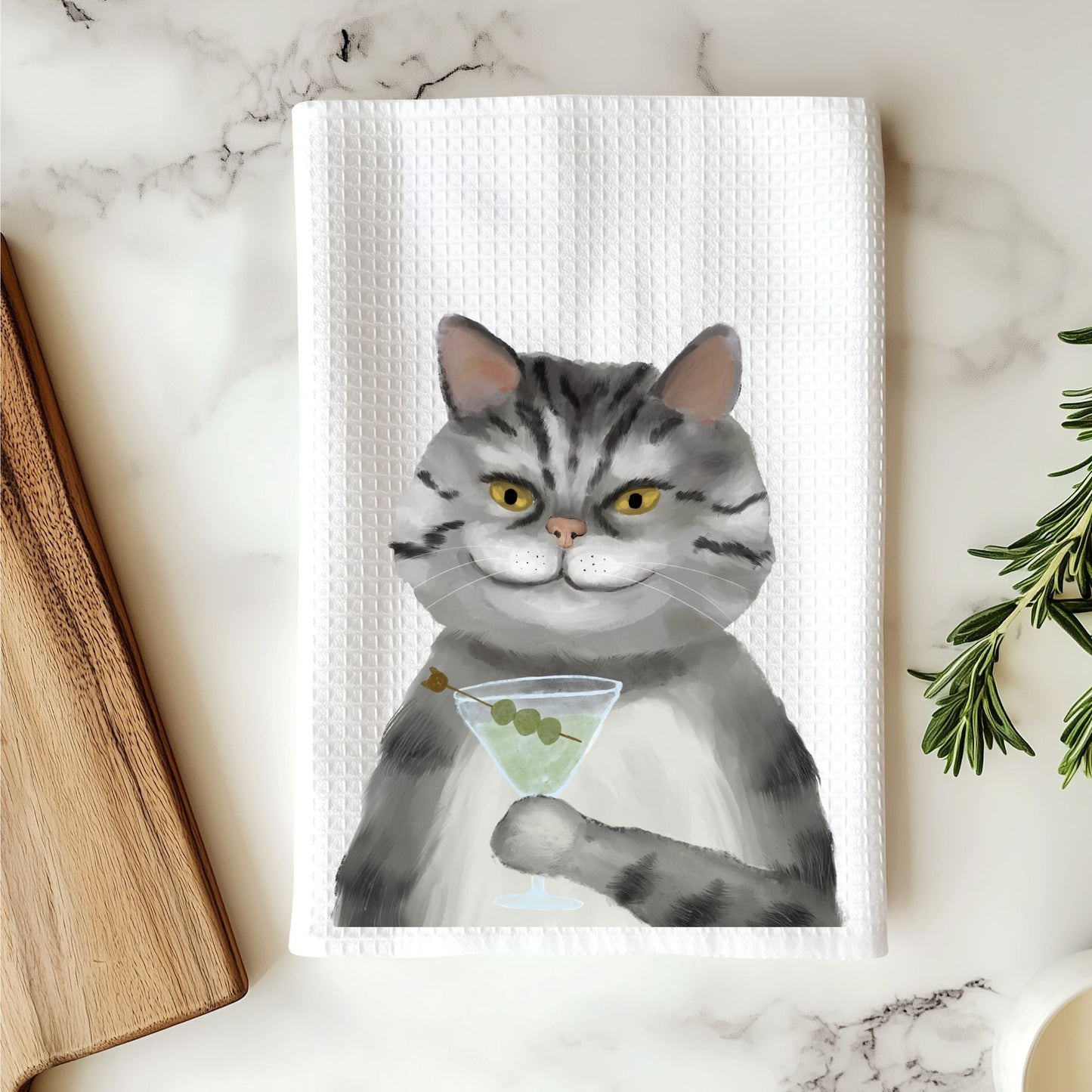 Cat with Martini Kitchen Towel - MerikaArt