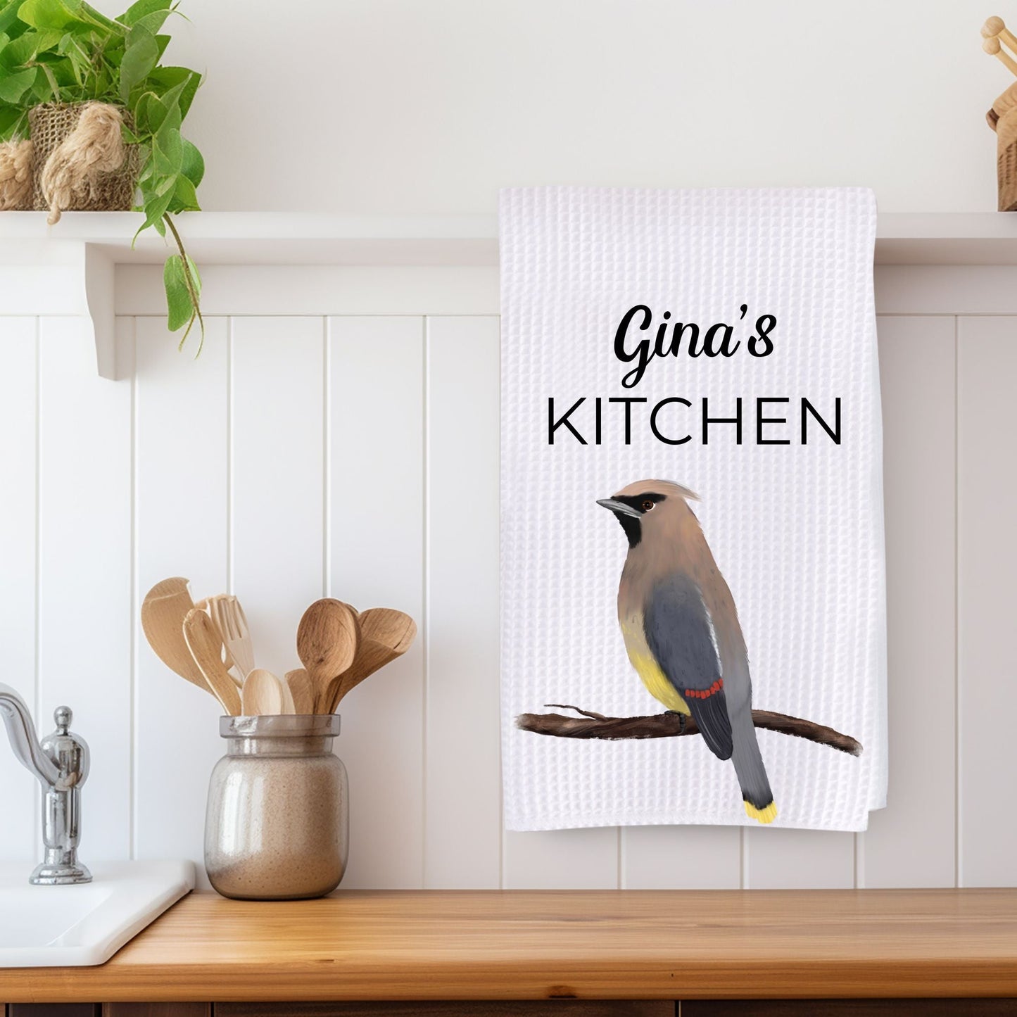 Cedar Waxwing Bird Kitchen Towel - MerikaArt