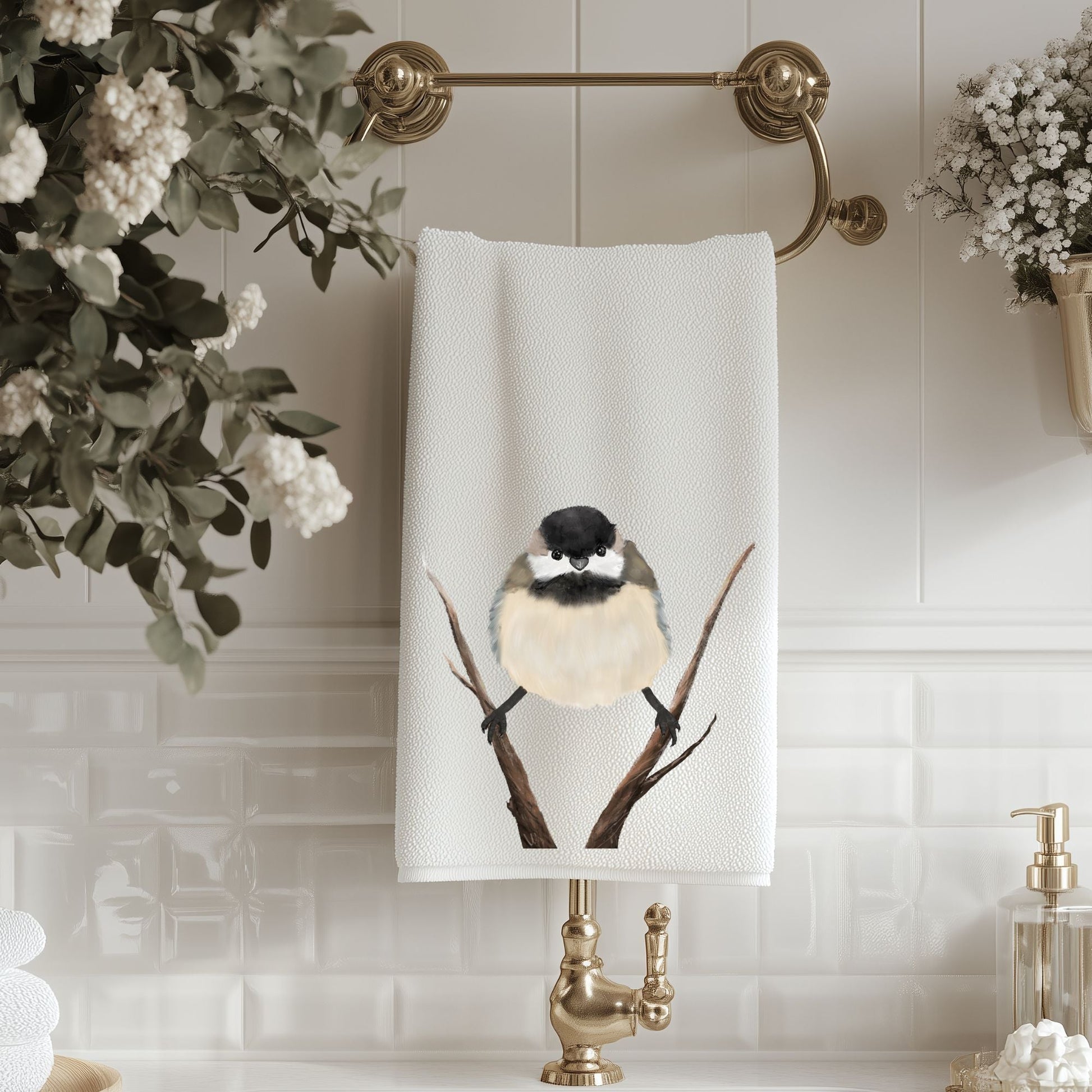 Chickadee Bird Bathroom Towel - MerikaArt