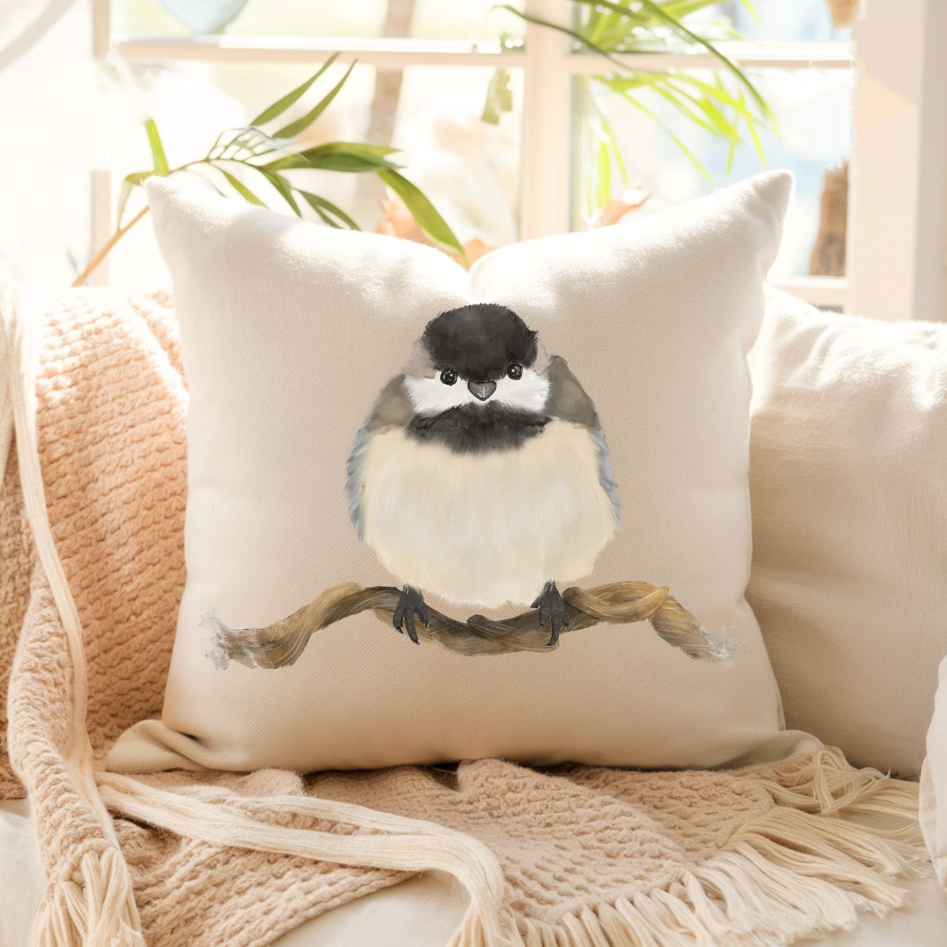 Chickadee Bird Pillow - MerikaArt