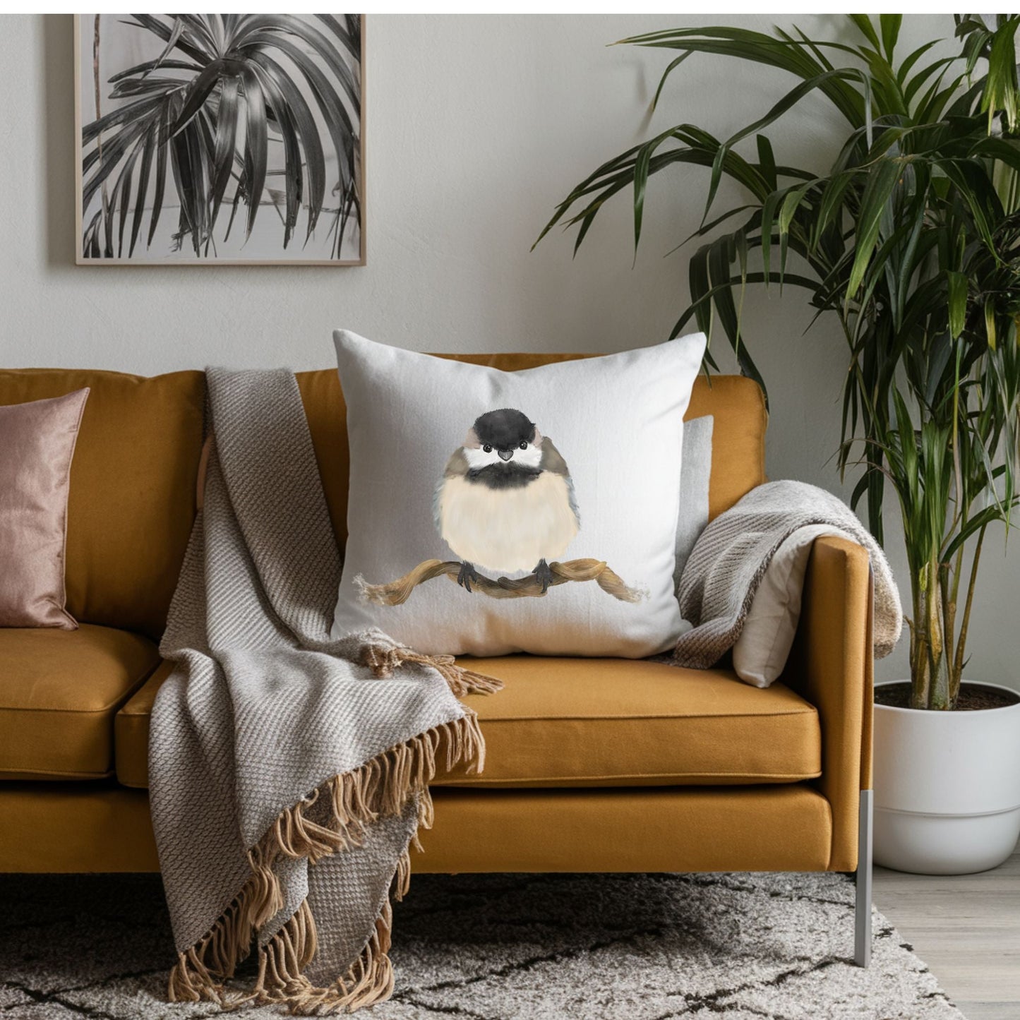Chickadee Bird Pillow - MerikaArt