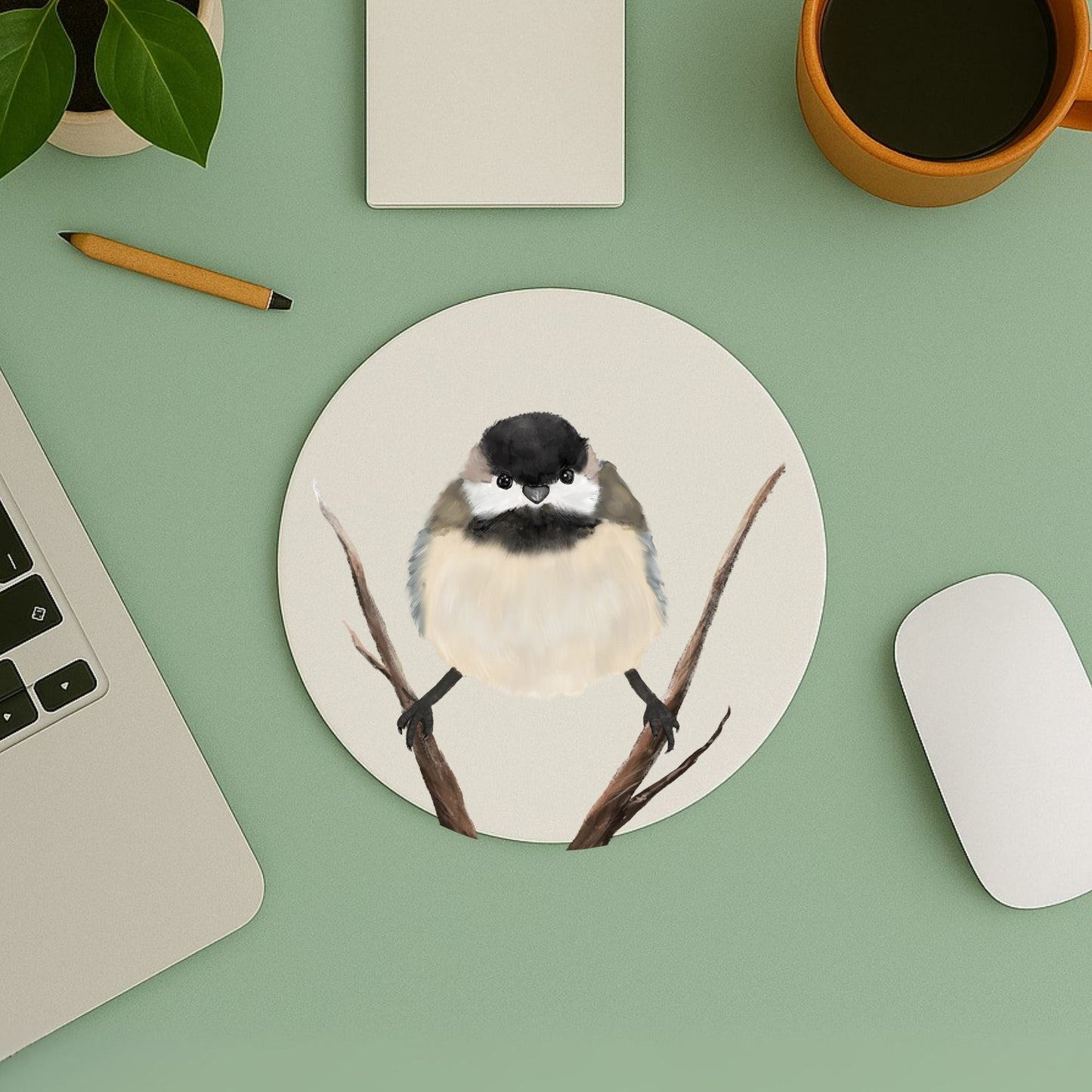 Chickadee on Branch Mousepad - MerikaArt