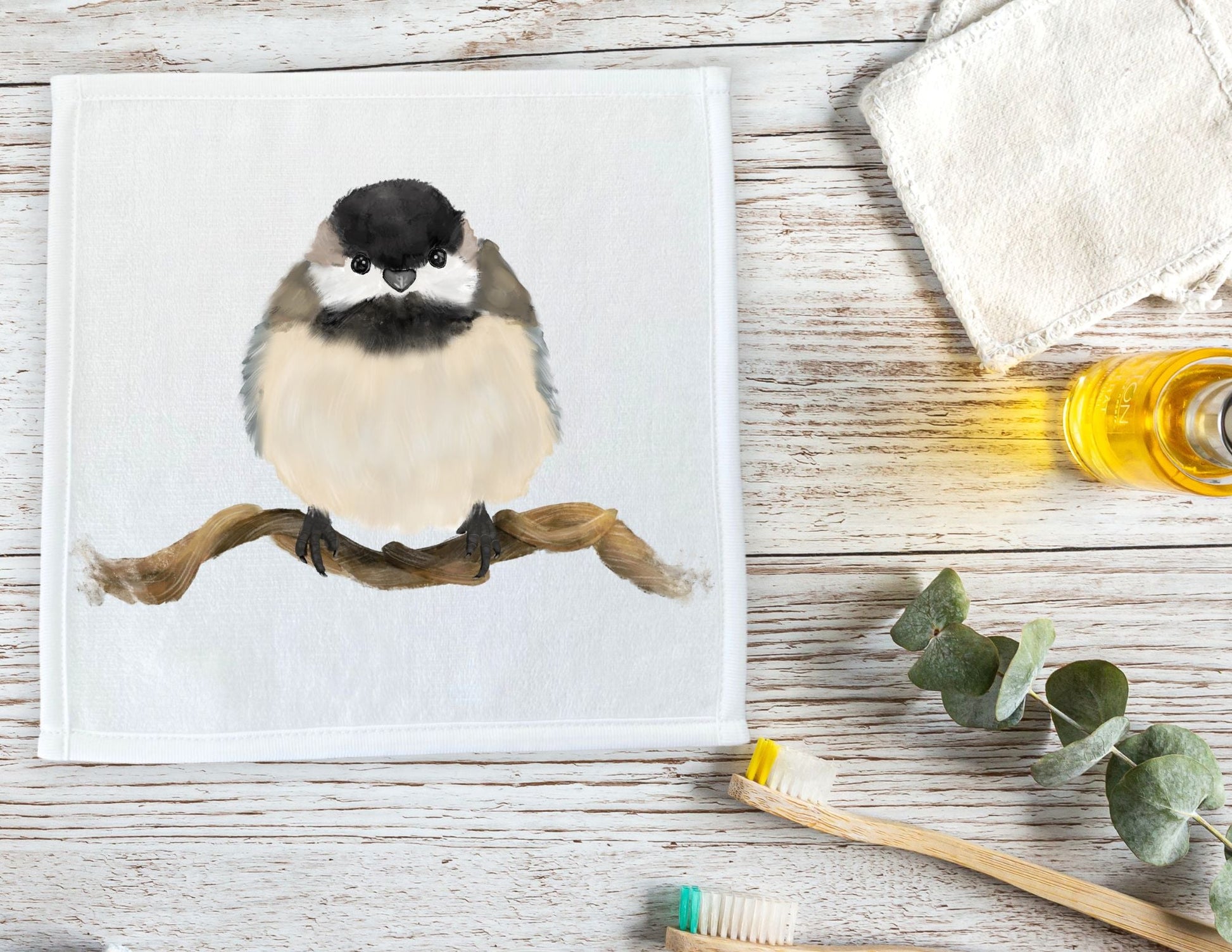 Chickadee on Branch Washcloth - MerikaArt