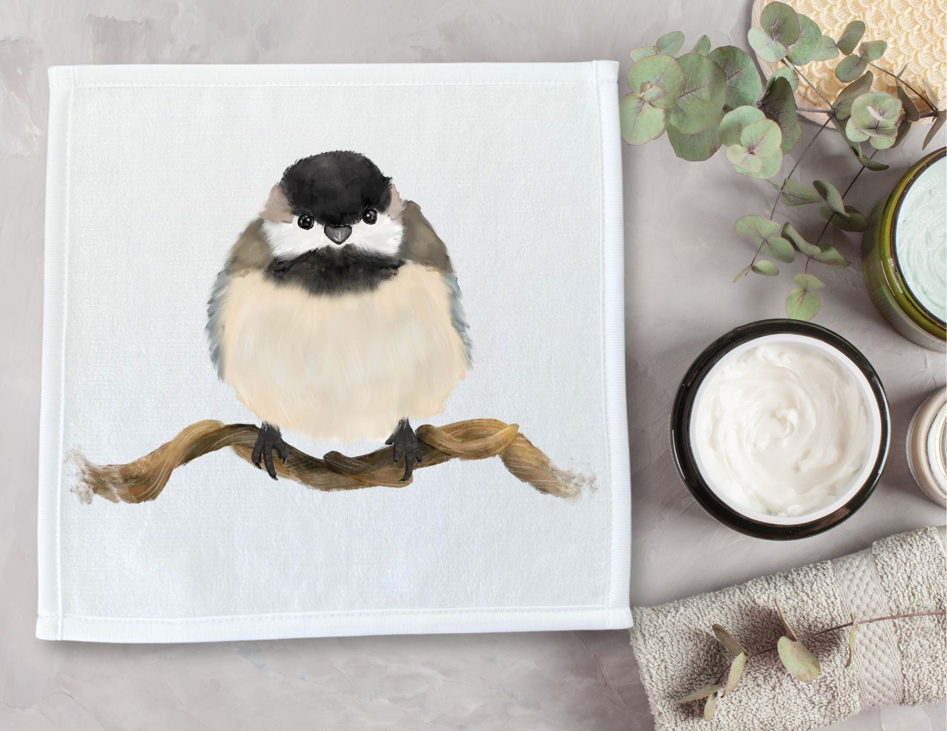 Chickadee on Branch Washcloth - MerikaArt