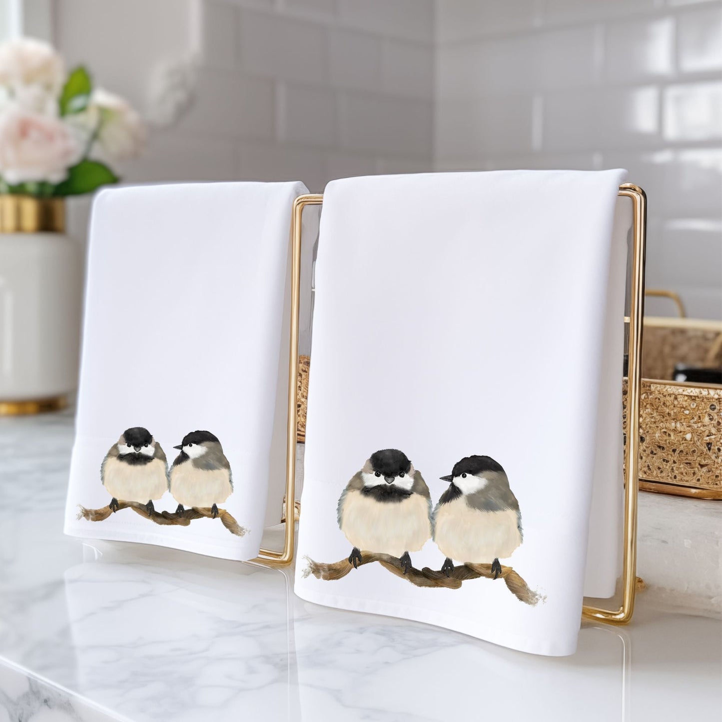 Chickadee Pair on Branch Bathroom Towel - MerikaArt