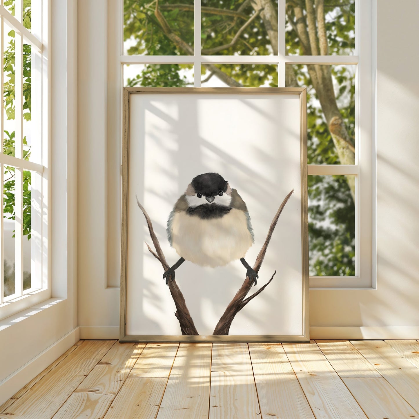 Chickadee Wall Art Print – Fluffy Black - capped Songbird Illustration for Bird Lovers - MerikaArt