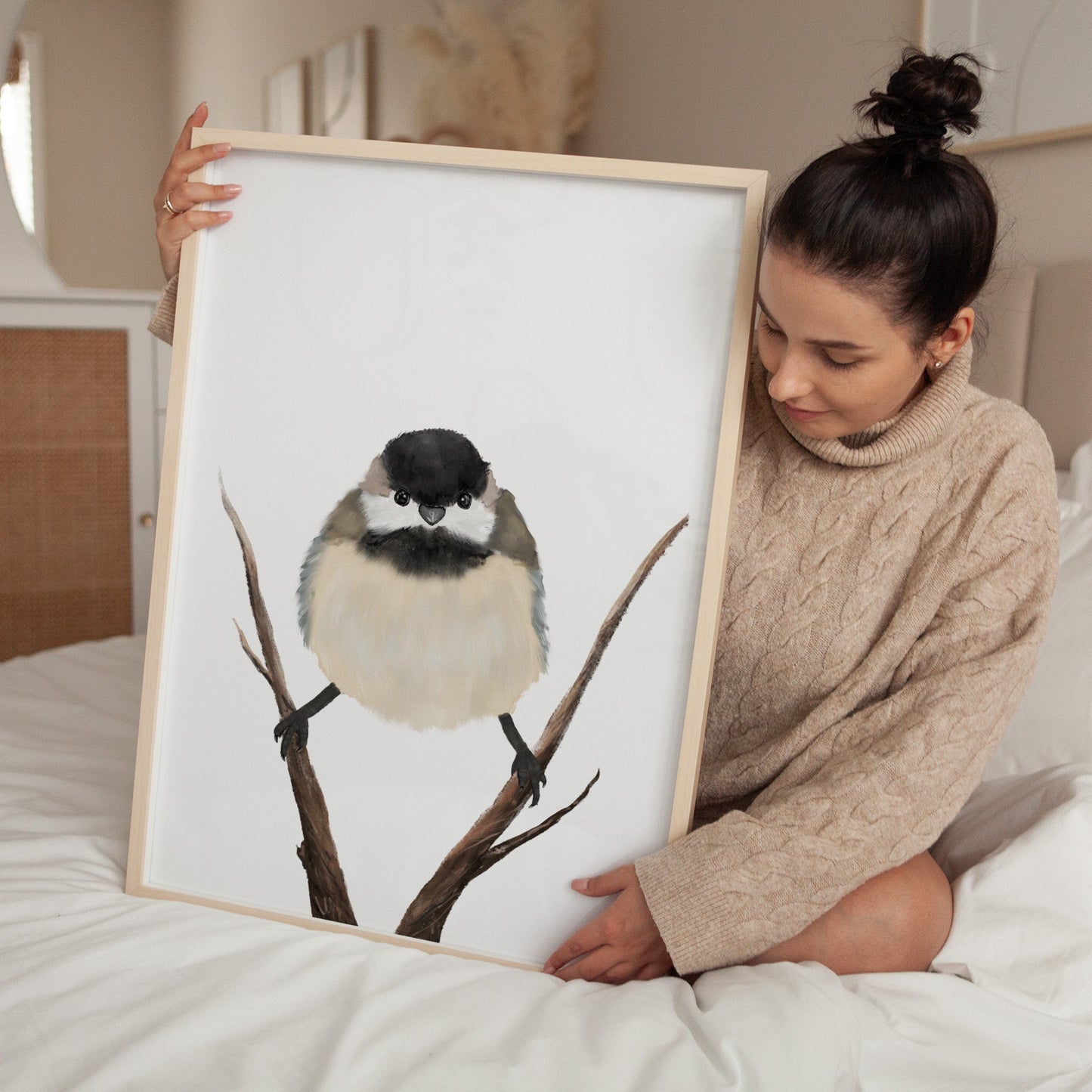 Chickadee Wall Art Print – Fluffy Black - capped Songbird Illustration for Bird Lovers - MerikaArt