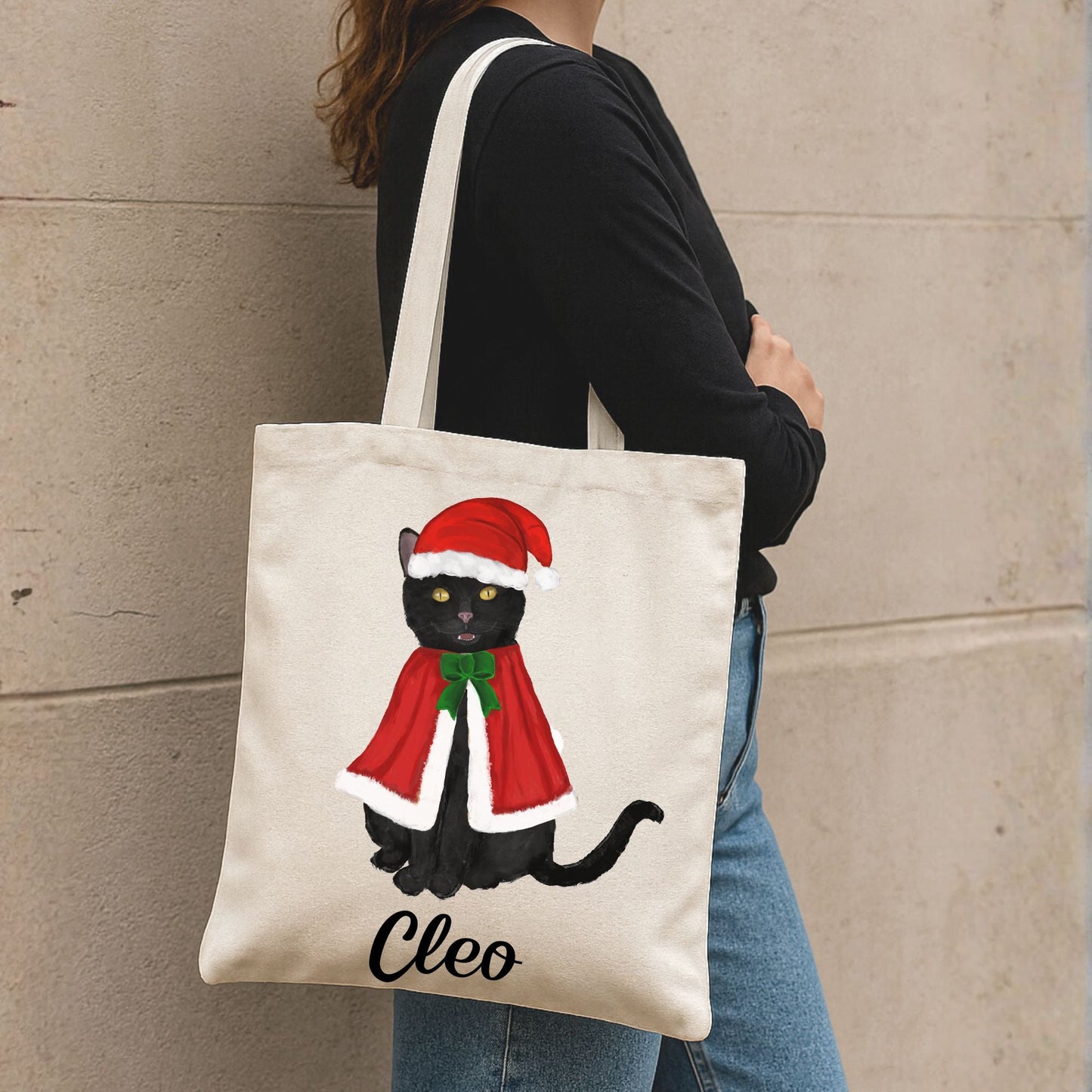 Christmas Black Cat Canvas Tote Bag - MerikaArt
