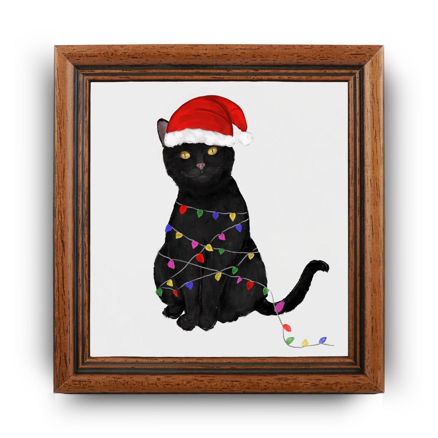 Christmas Black Cat Illustration – Festive Lights and Santa Hat - MerikaArt