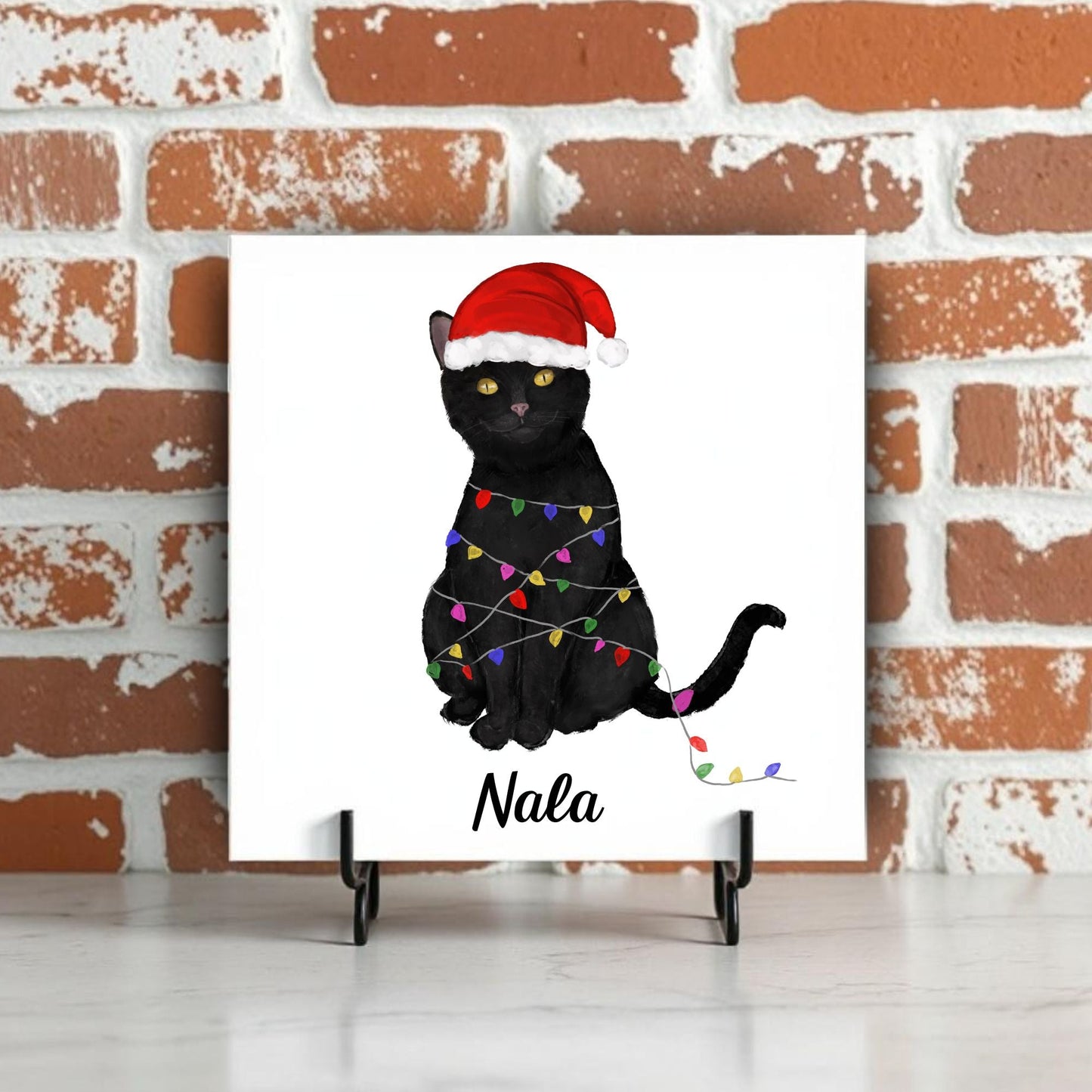 Christmas Black Cat Illustration – Festive Lights and Santa Hat - MerikaArt