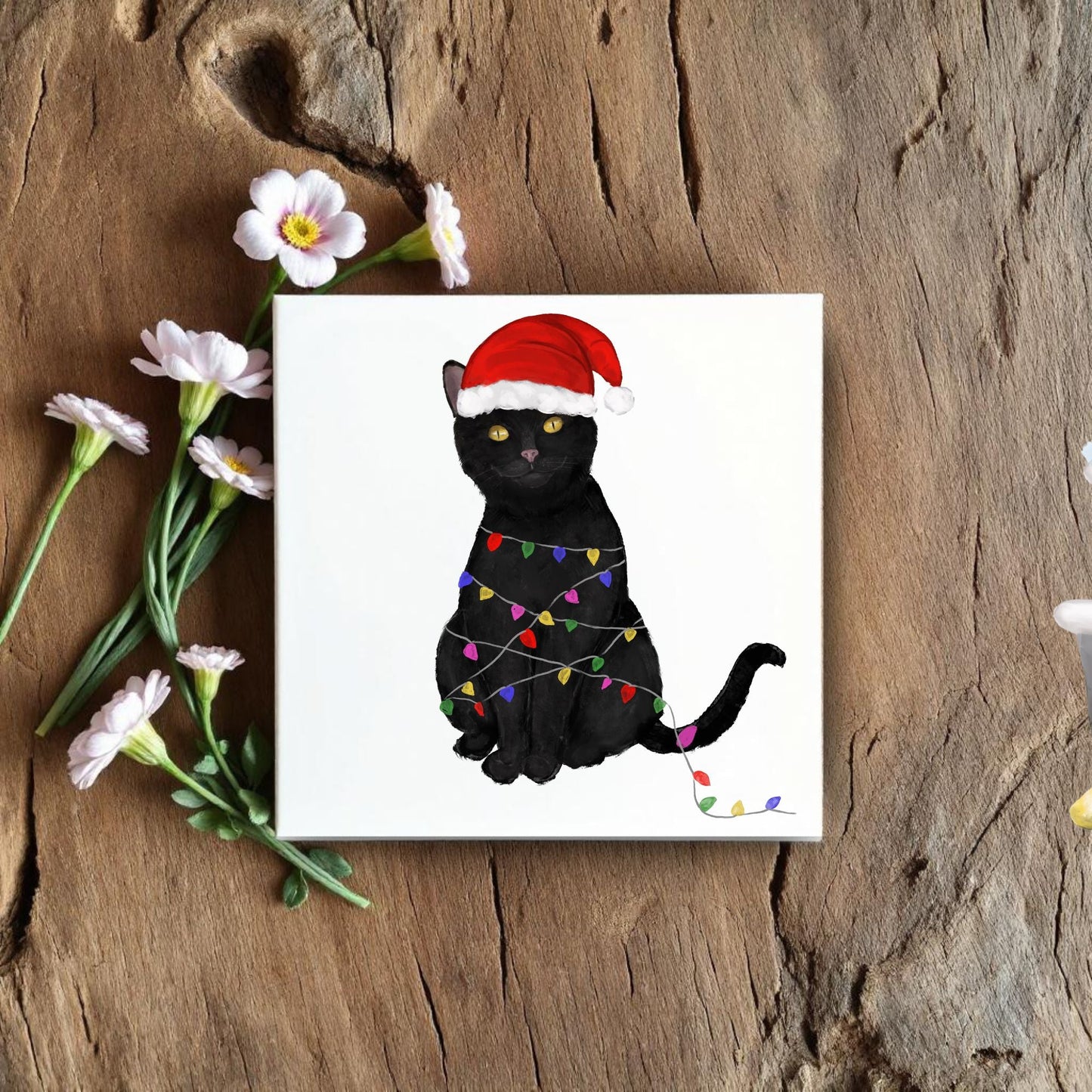 Christmas Black Cat Illustration – Festive Lights and Santa Hat - MerikaArt