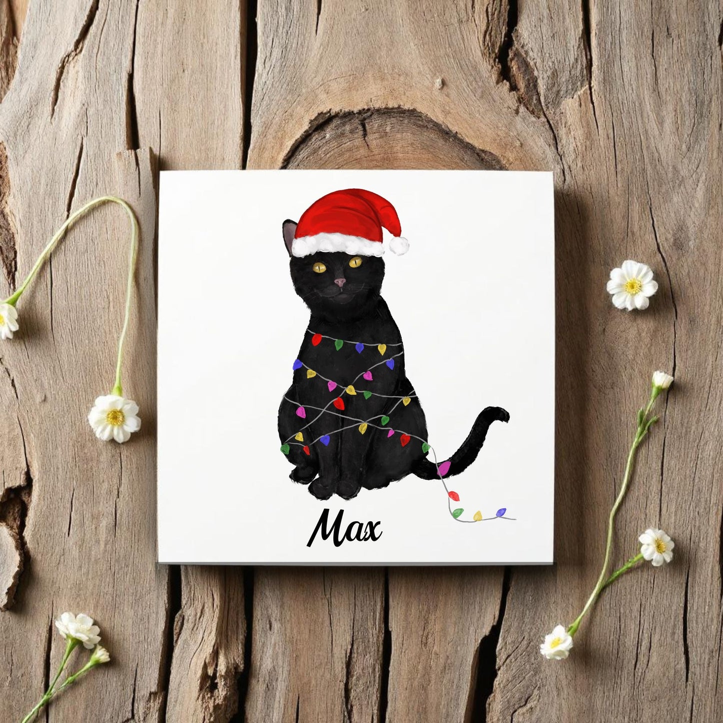 Christmas Black Cat Illustration – Festive Lights and Santa Hat - MerikaArt