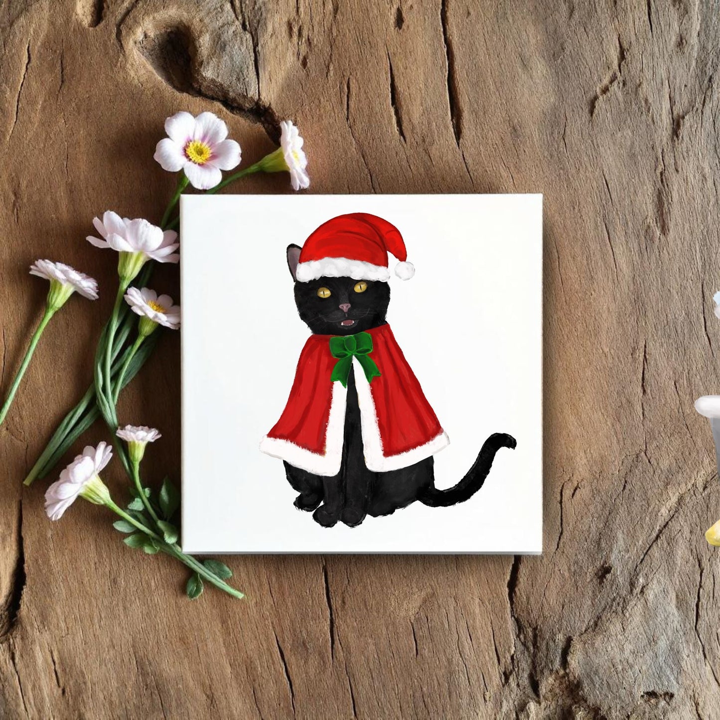 Christmas Black Cat Illustration – Festive Santa Cape and Hat - MerikaArt