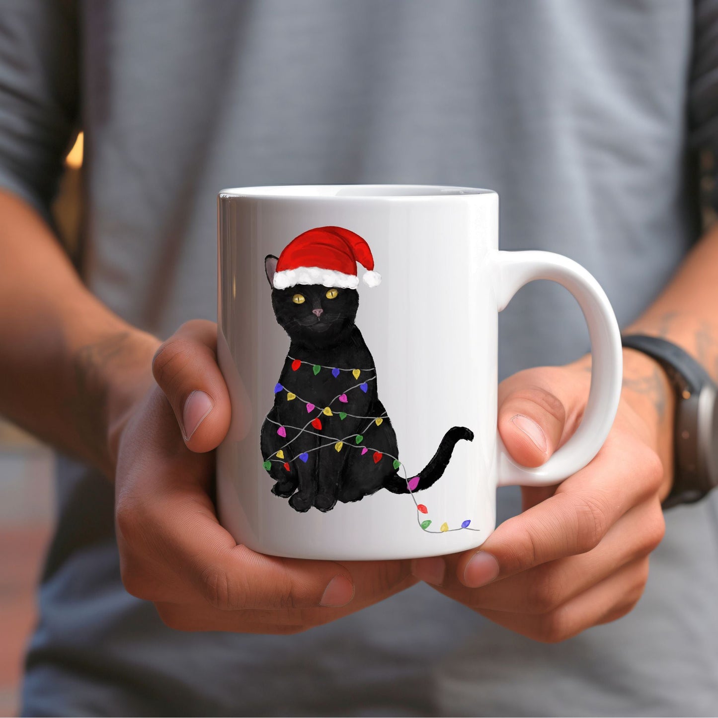 Christmas Black Cat Mug - MerikaArt