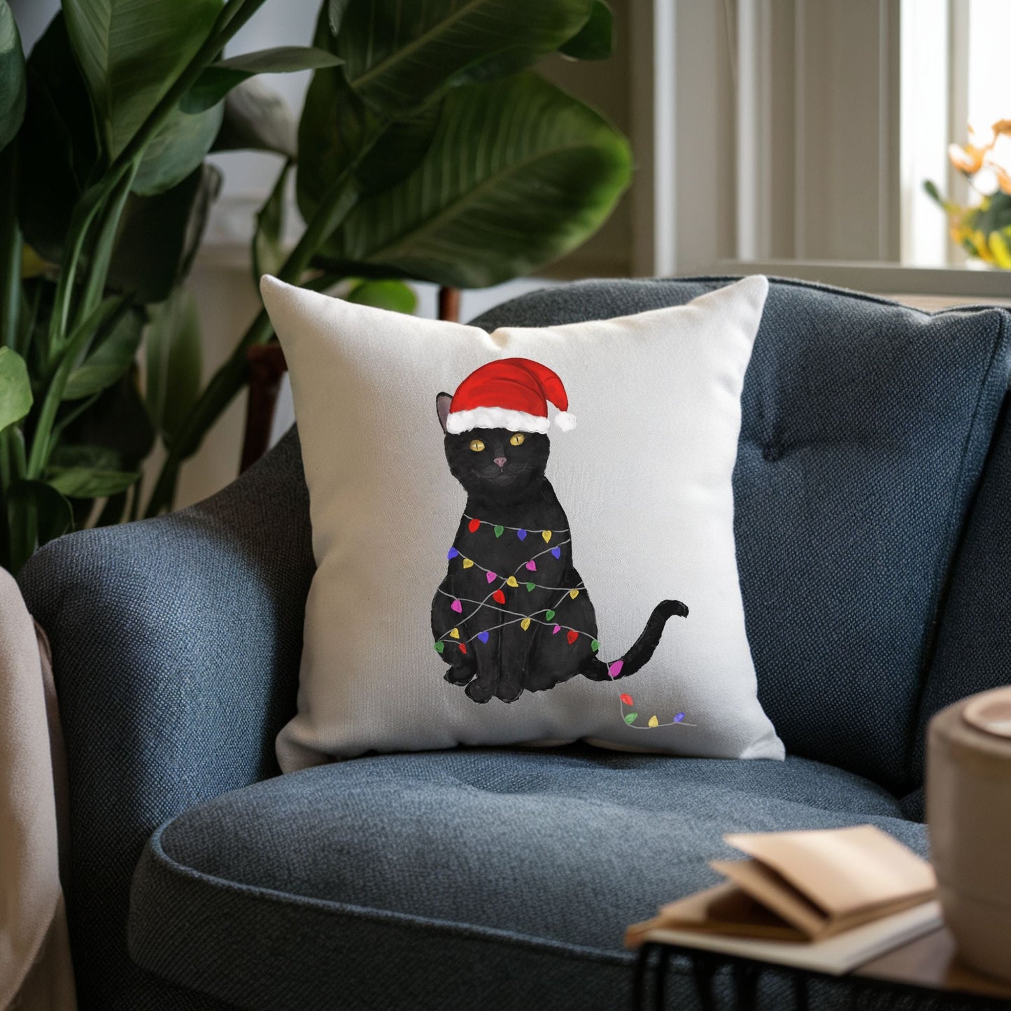 Christmas Black Cat Pillow - MerikaArt