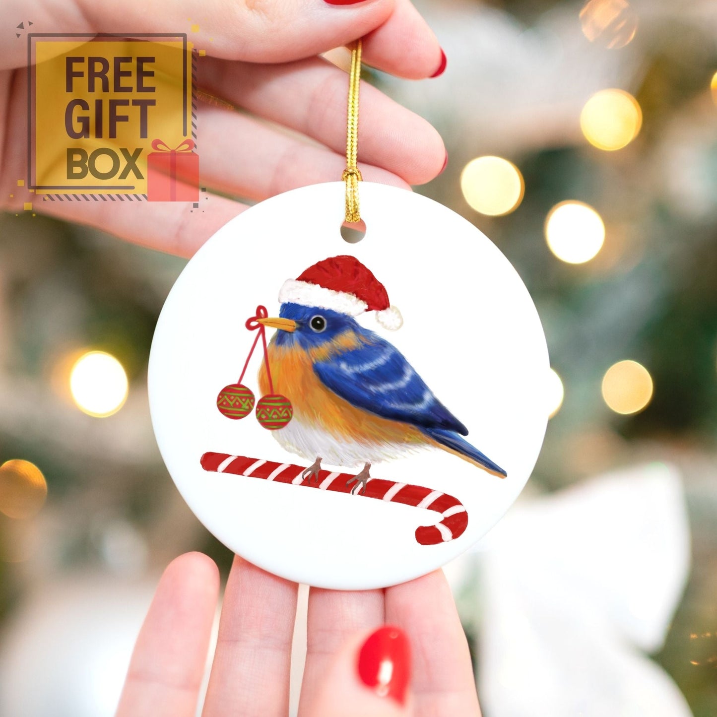 Christmas Bluebird Ceramic Ornament - MerikaArt
