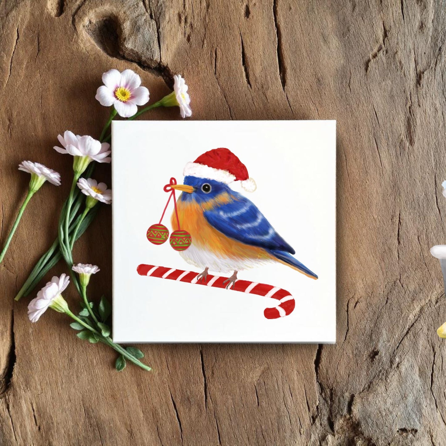 Christmas Bluebird Ceramic Tile – Festive Holiday Bird Art - MerikaArt