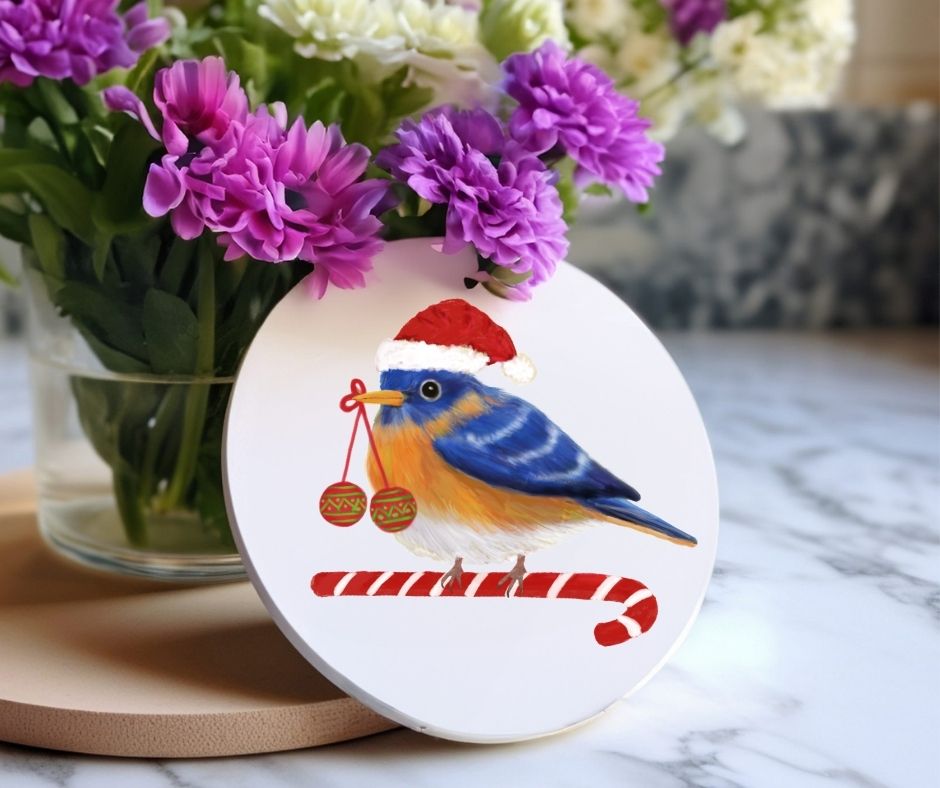 Christmas Bluebird with Santa Hat Ceramic Coaster - MerikaArt