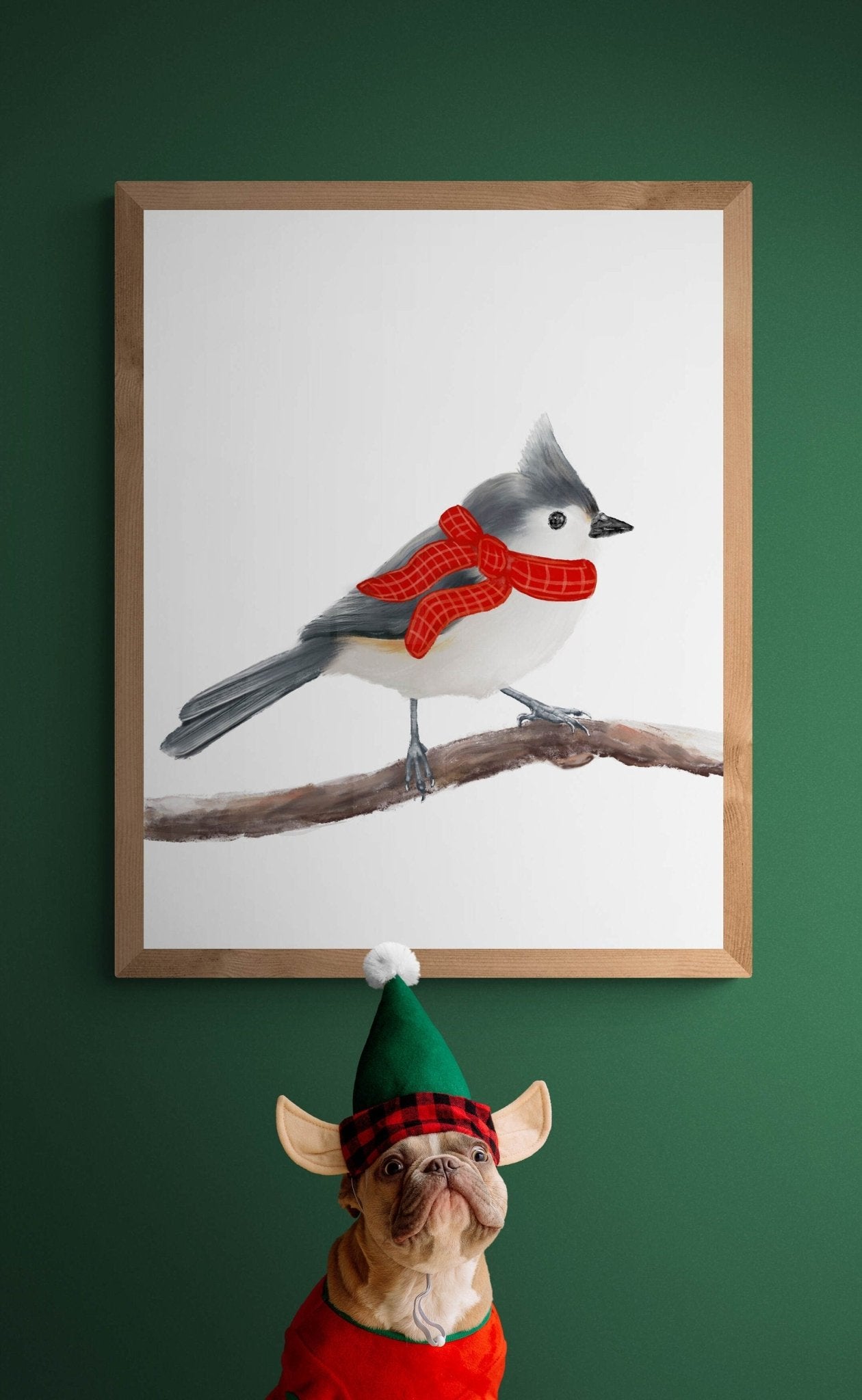 Christmas Chickadee Bird Print, Christmas Bird Art, Gray Bird Gift, New Years Bird Art, Winter Home Decor, Christmas Animals, Bird Portrait - MerikaArt
