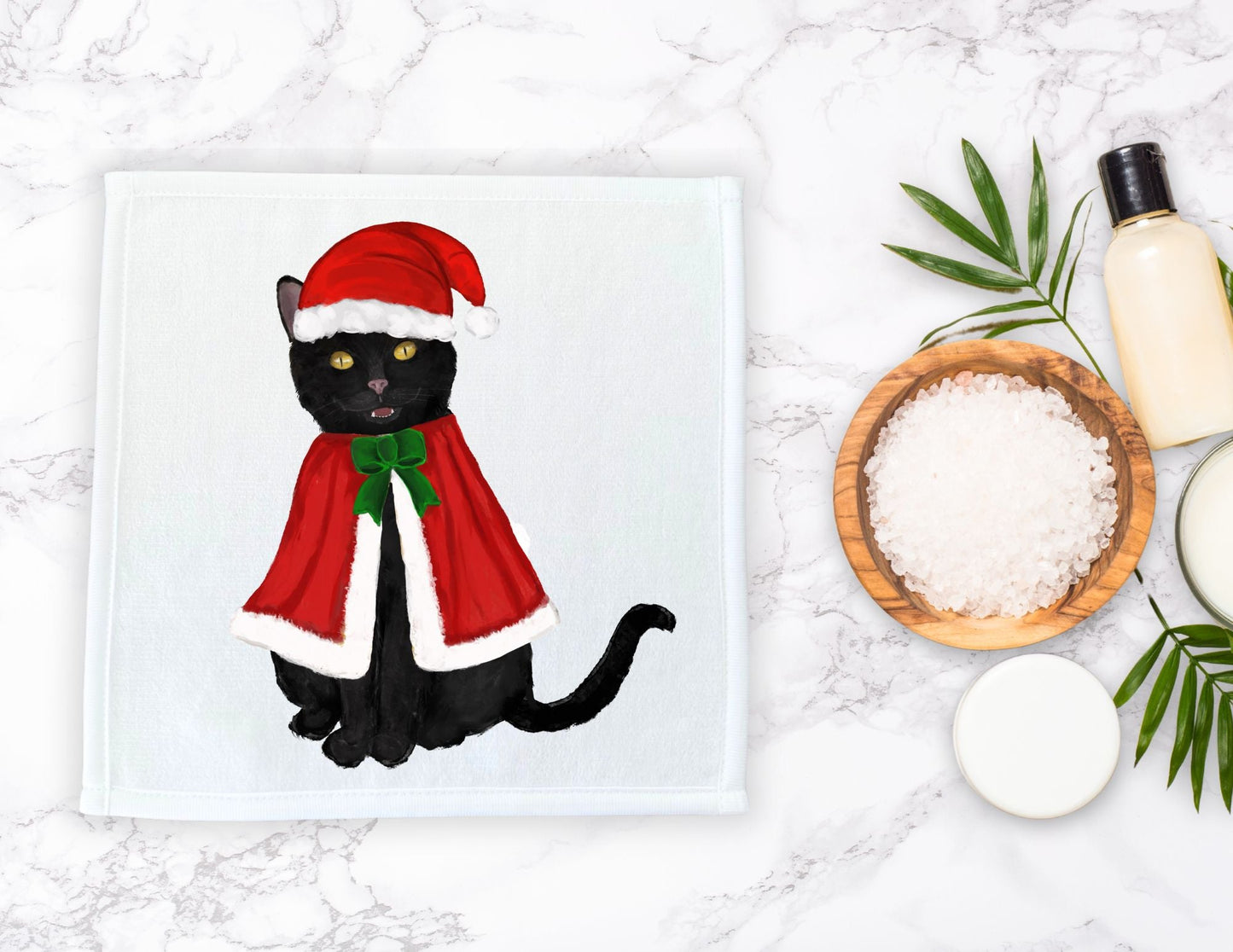 Christmas Cloak Black Cat Washcloth - MerikaArt