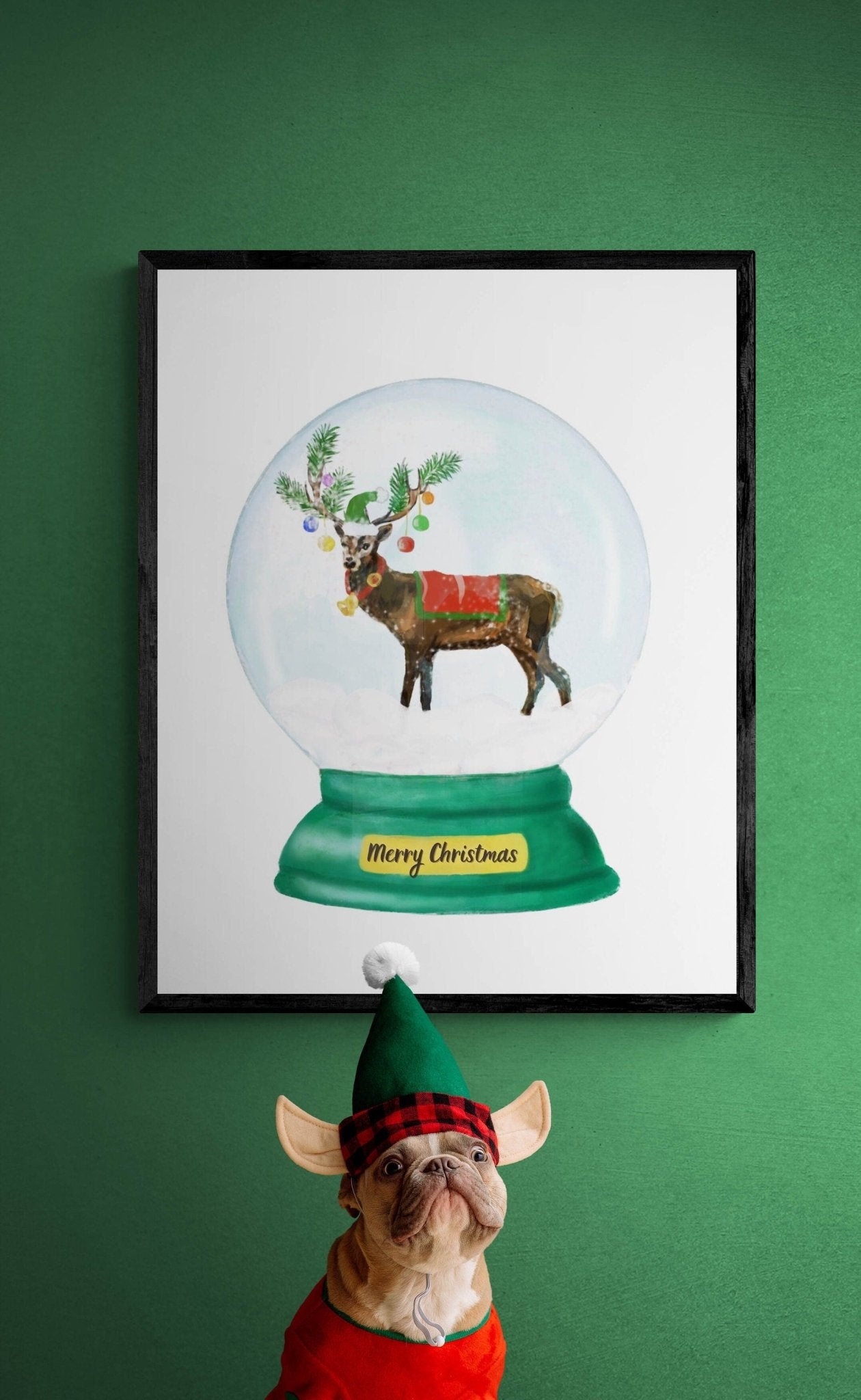 Christmas Deer Snow Globe Print, Winter Christmas Art, Deer Gift, New Years Art, Winter Home Decor, Xmas Snow Globe, Unique Wall Art - MerikaArt