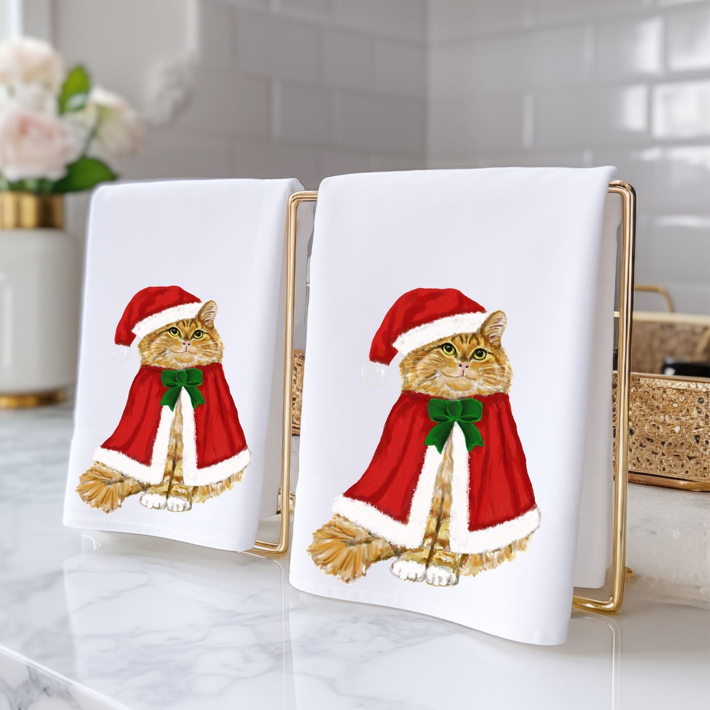 Christmas Ginger Cat Bathroom Towel - MerikaArt