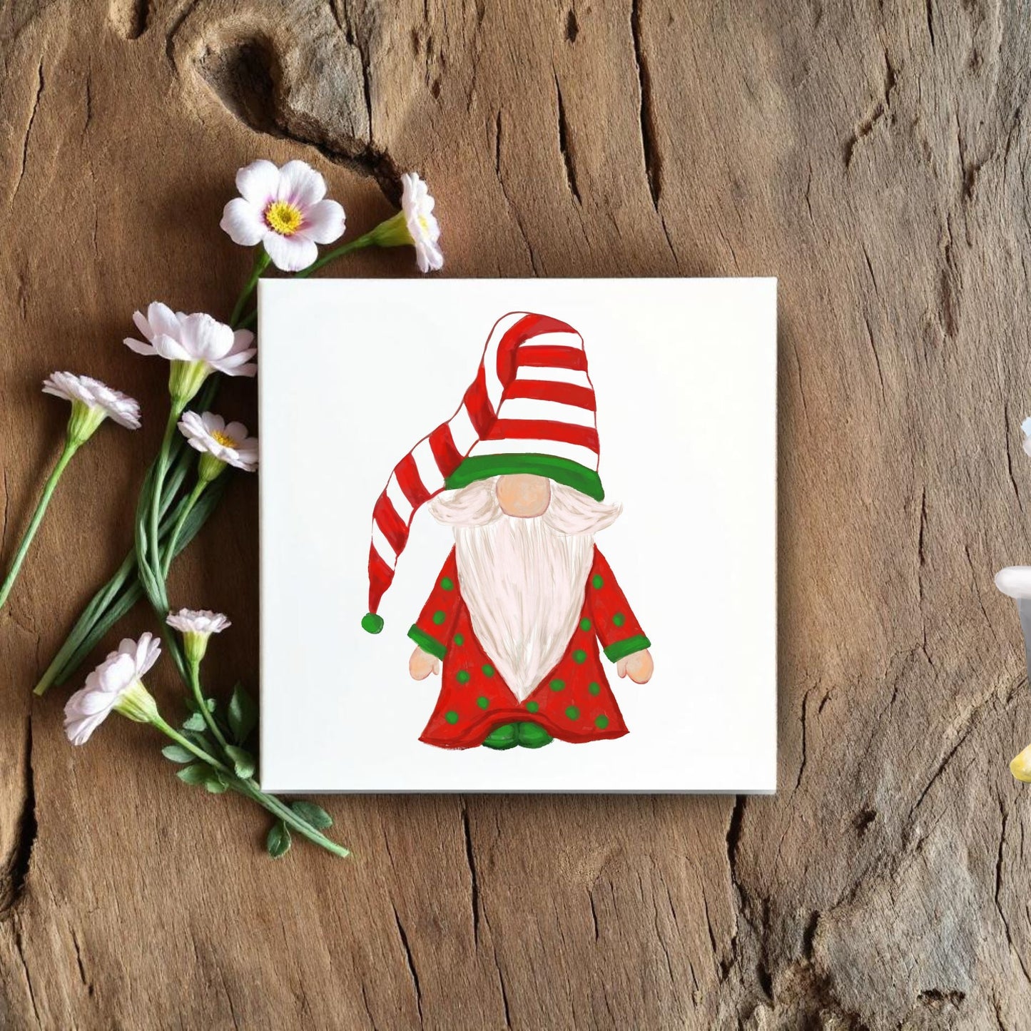 Christmas Gnome in Polka Dot Red Coat Ceramic Tile - MerikaArt