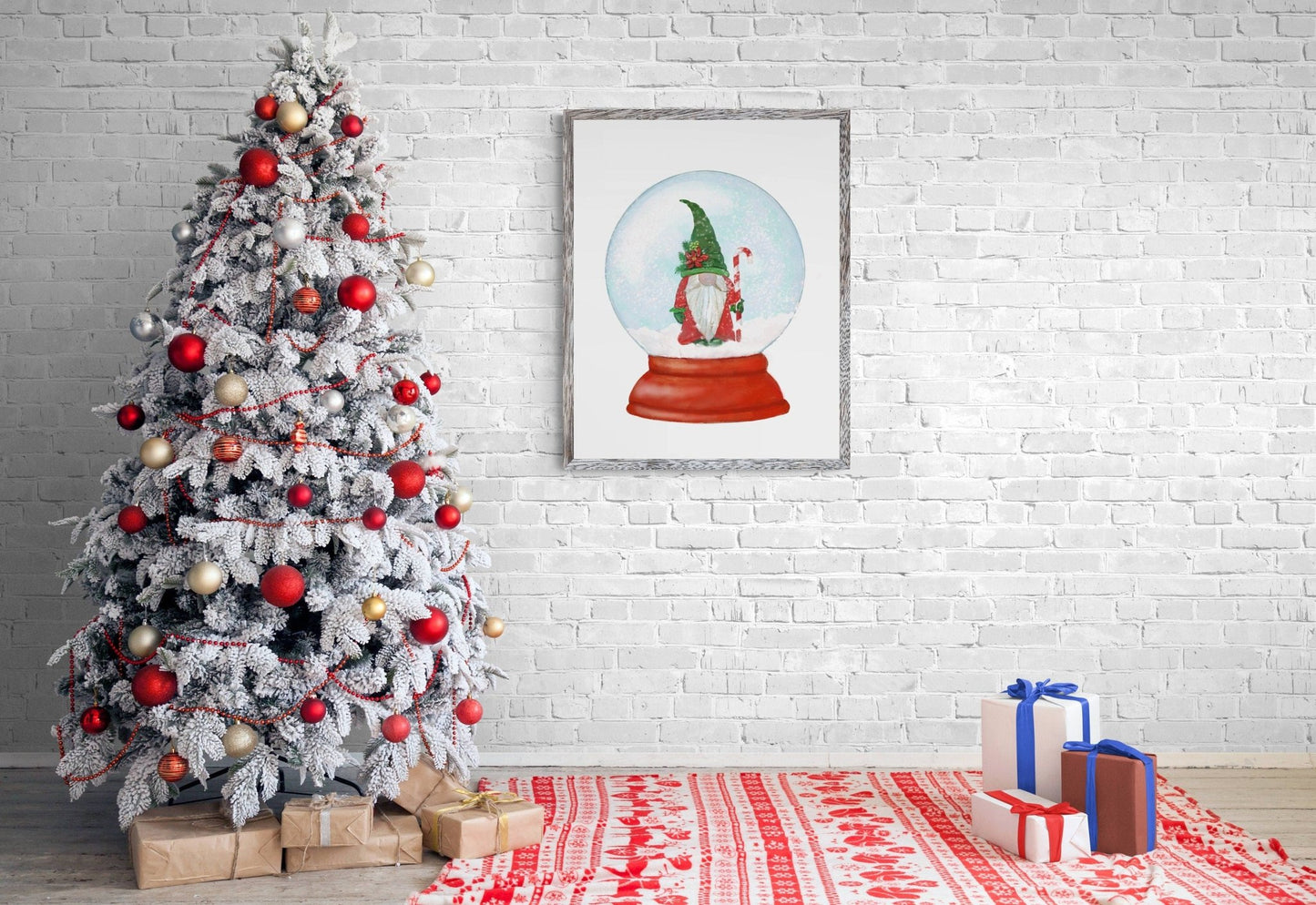 Christmas Gnome Snow Globe Print, Winter Christmas Art, Gnome Gift, New Years Art, Winter Home Decor, Xmas Snow Globe, Unique Wall Art - MerikaArt